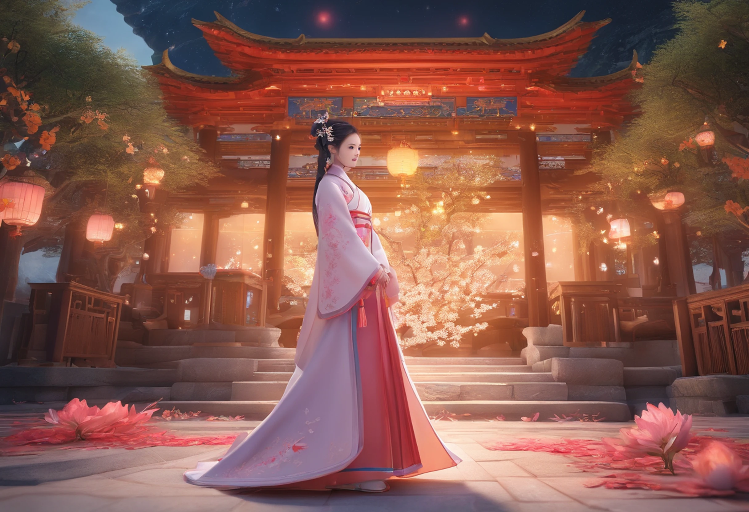 tmasterpiece，超高分辨率，Photorealistic photos，the night，Full body portrait of a Chinese fairy，Delicate face，Delicate hair accessories，Barefoot，Float in the air，Look up at the perspective，Huge palace，The Milky Way and the Giant Moon，Gauze skirt Hanfu，an osmanthus tree，Osmanthus flutters，