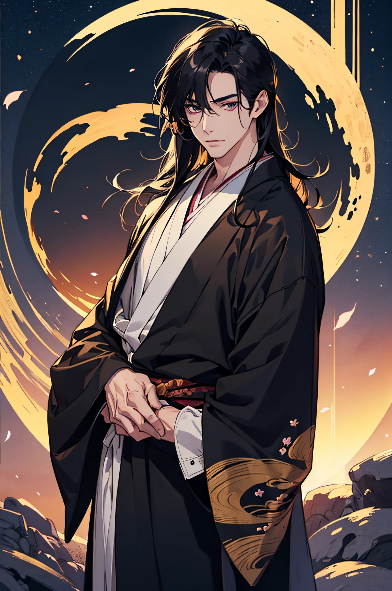 (masterpiece), best quality, ultra-high resolution, ((one man)), male, elegant, japanese God, Tsukuyomi, expressive eyes, perfect face, half body, looking at viewer, dutch angle, cowboy shot, (long black hair), (golden eye color), handsome, night time, crescent moon, japanese clothing, black blue kimono, cherry blossoms, dynamic light, beautiful colors, milky way, hd
