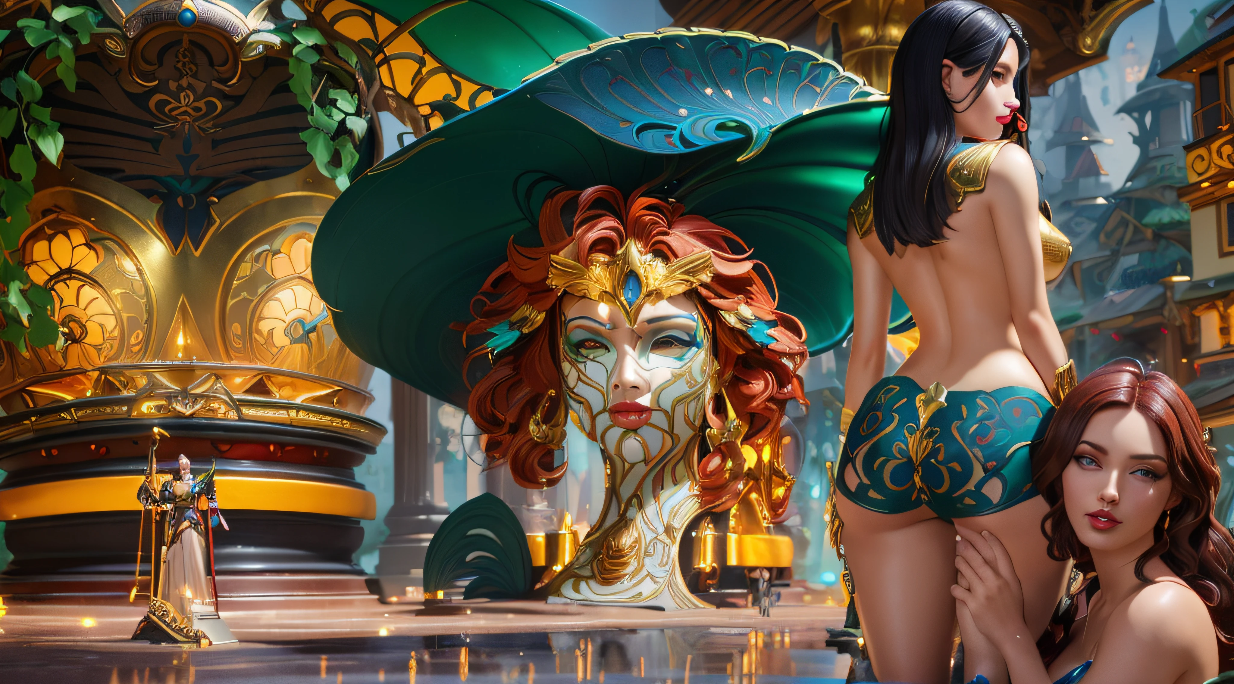 there are two women (Adriana Lima :1.1)  red lips, green eyes in underwear posing in front of a statue, PERFECT FACE Adriana Lima  (unreal engine, stylized urban fantasy artwork, fantasy art behance, art nouveau octane render, realistic fantasy illustration, 4k highly detailed digital art, 8k high quality detailed art, stylized digital illustration, hyperrealistic art nouveau, detailed fantasy digital art, detailed digital 2d fantasy art