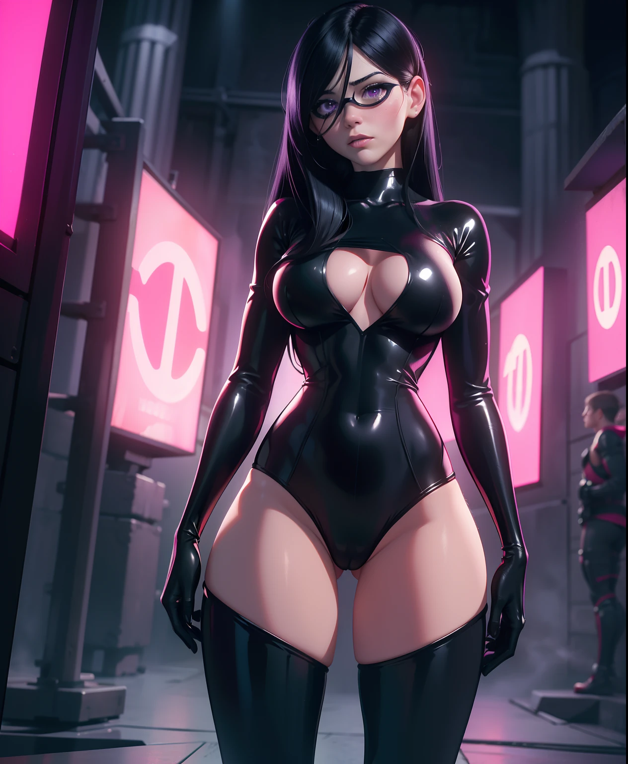 The generated prompt can be："violet parr,latex outfit,long black hair,vivid purple eyes,smoky makeup,big round butt,perfectly sculpted abs,(best quality,4k,8k,highres,masterpiece:1.2),ultra-detailed,(realistic,photorealistic,photo-realistic:1.37),portrait,dark and moody lighting,vivid color grading, sexy face, blushing, oiled up, nsfw, small tits, cleavage towards camera, big cameltoe, huge ass, curvy,