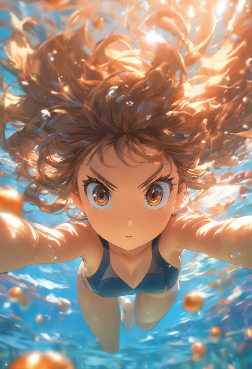 foreshortening, depth of field, masterpiece, best quality, 1girl, brown hair, brown eyes, long hair, underwater, air bubble, solo, looking at viewer, school swimsuit, swimming, dappled sunlight, sexy