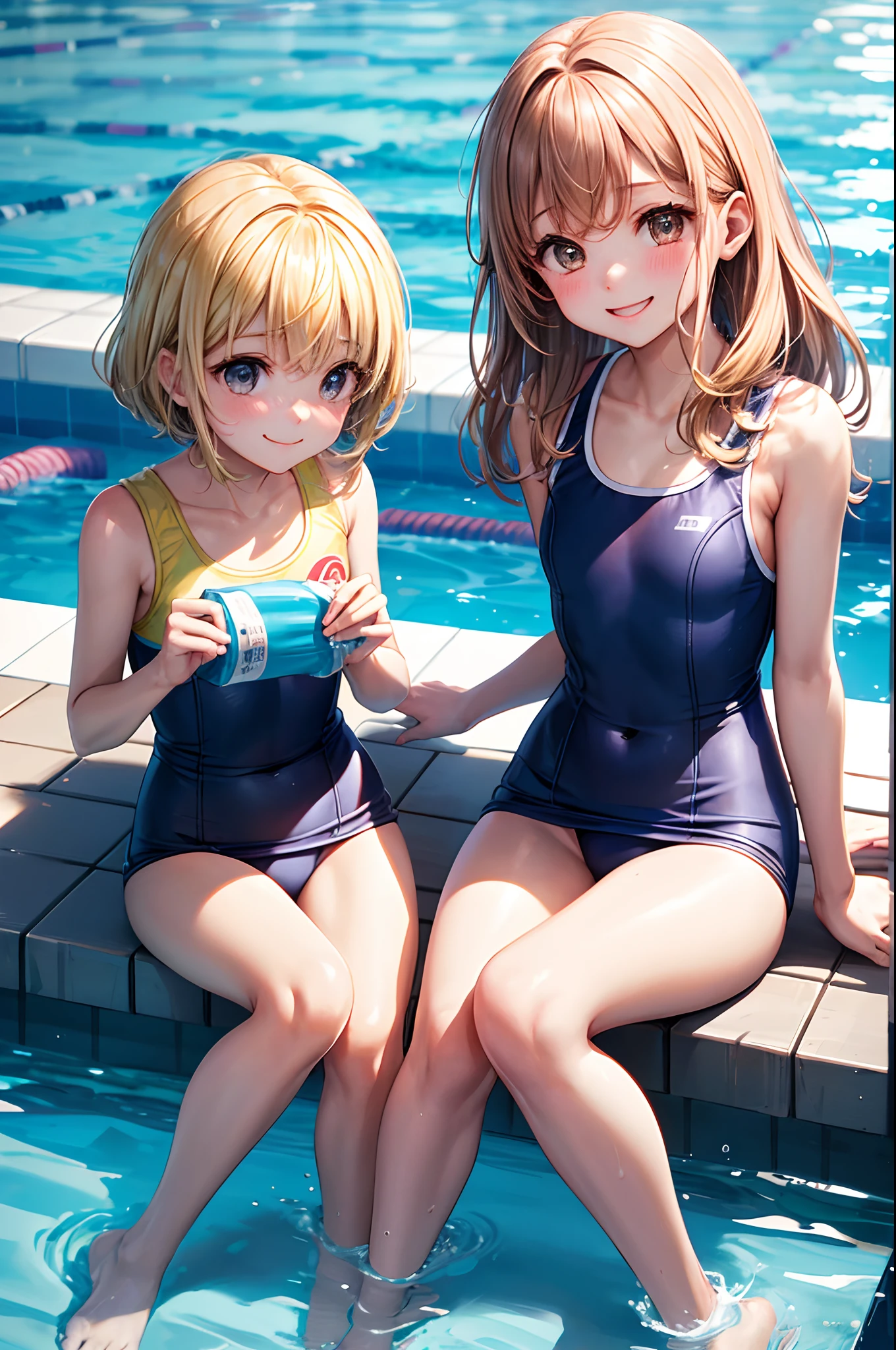 Best Quality, School swim wear,School swim wear、Swim、Very cute、A smile、bobhair、Golden head hair、Municipal swimming pool、I want to blush、Staring at this,、winc、Ride the water slides、Sit on a round float、