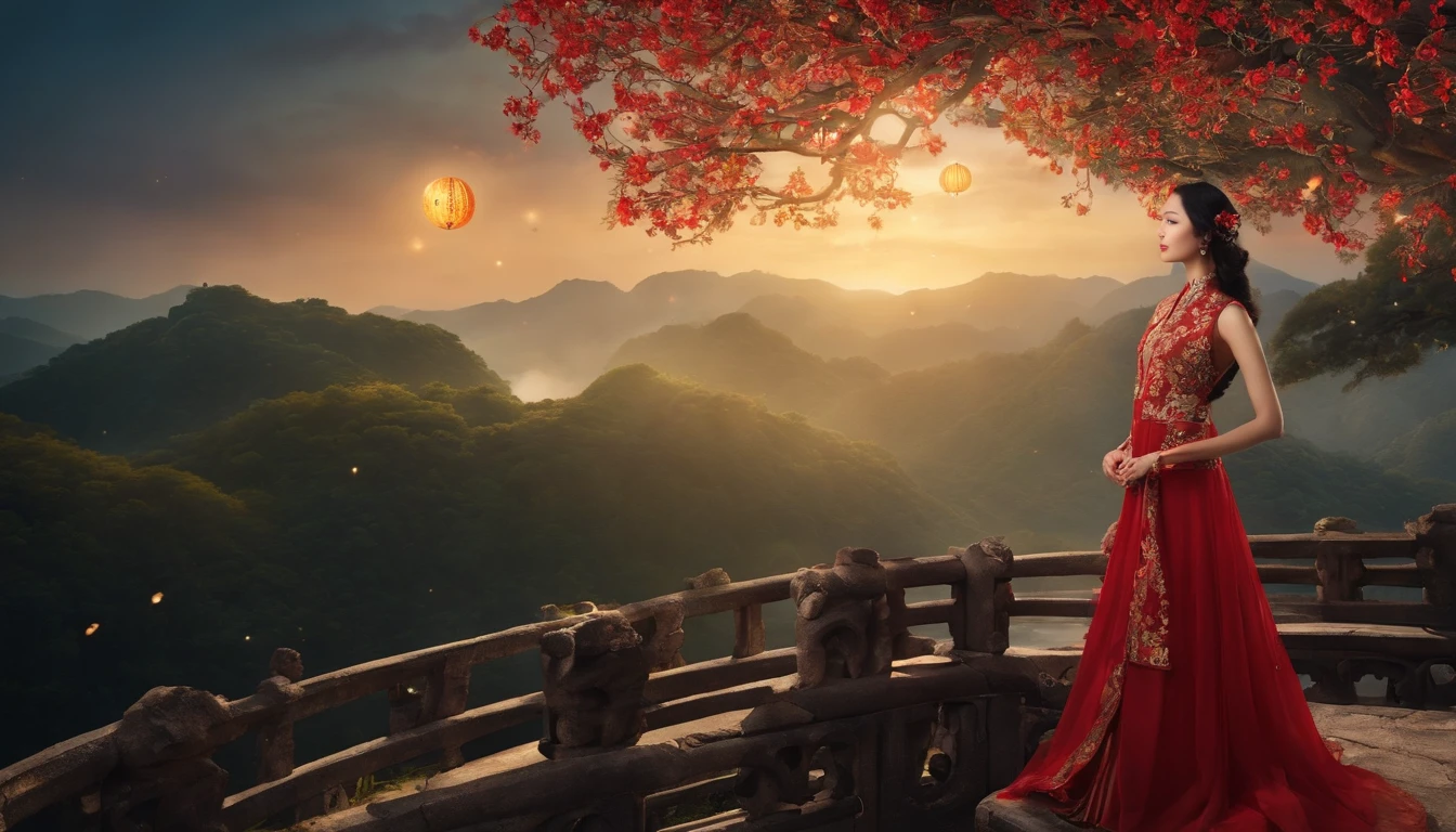 tmasterpiece，ultrahigh-resolution，fotos fotorrealistas，a noite，Retrato de corpo inteiro de uma fada chinesa，rosto delicado，Delicate hair accessories，barefoot，Flutuar no ar，Olhe para a perspectiva，Huge palace，The Milky Way and the Giant Moon，Saia de gaze Hanfu，An Osmanthus tree，Osmanthus tremula，