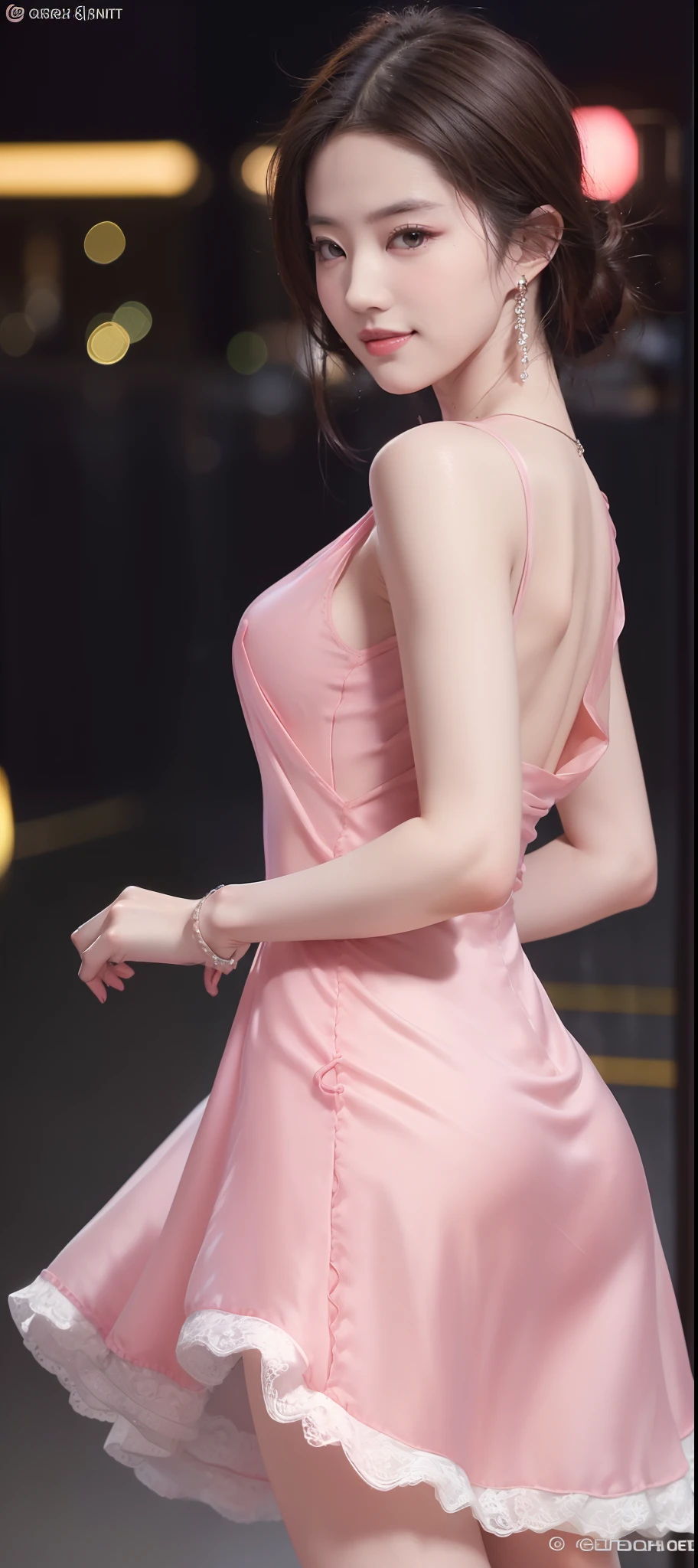 8K, tmasterpiece, RAW photogr, Best quality at best, realisticlying, Extremely detailed CG unified 8K, 8K, diamond, and wallpapers, depth of fields, 电影灯光, lens flare glow, Ray traching, (Extremely beautiful face, beautifullips, pretty eyes), Intricately detailed face, ((Ultra-delicate skin)) 1 girl, in the darkness nigth, deepshadow, Beautiful Korean girl, K-pop idol, 1 girl, (Very slim and slender muscular body:1.3), ((view the viewer)),(Hefty Smile:1.3), (Fashion night, nigth, (neon lights sign), (vague background), Fashion Street Night),(No one is in the background:1.3), Beautiful earrings, bangle, choker necklace, lacepantyhose, Clear eyes, foot on foot, (pale-skinned), (Big eyes looking forward, (Brown hairy body shot), ((Silk pink dress:1.3)), ((tightsuit)), ((laced dress)), (view the viewer:1.3) avas, Very slim, medium, Turn Back, (rear projection), focal, before eyebrows,(tightly dress), Thigh thick