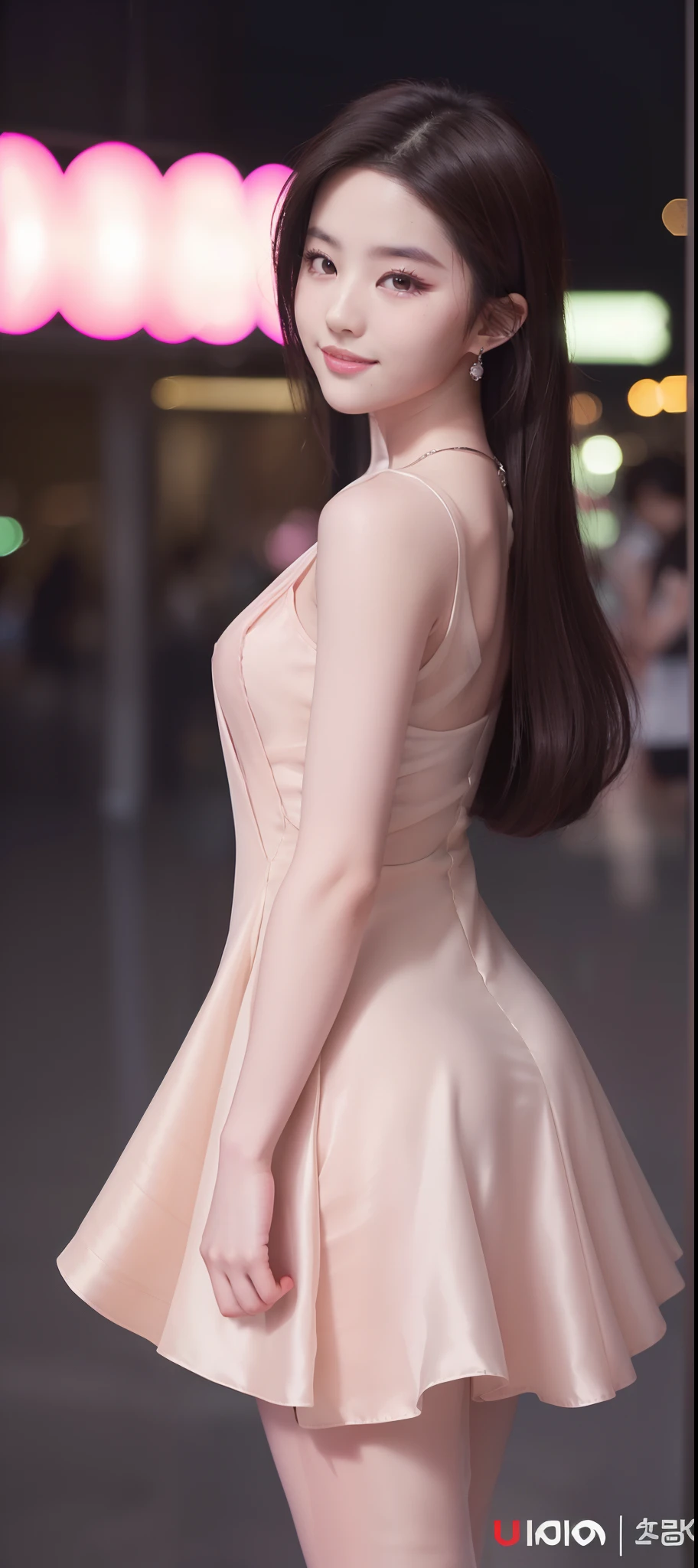 8K, Masterpiece, RAW photo, Best quality, Photorealistic, Extremely detailed Cg Unity 8K wallpaper, Depth of field, Cinematic light, Lens flare, Ray tracing, (Extremely beautiful face, Beautiful lips, Beautiful eyes), intricate detail face, ((ultra detailed skin)) 1girll, In the dark, deepshadow, Pretty Korean girl, Kpop idol, 1 girl, (Very slim and slender muscular body:1.3), ((view the viewer)),(Big smile:1.3), (Fashion night, Dark night, (neon lights sign), (Blurred background), Fashion Street Night),(No one is in the background:1.3), Beautiful earrings, bangle, necklace, Pantyhose, Clear eyes, Walking, (Pale skin), (Big eyes), Face forward, (brown hairs), (Full body shot), ((Silk hot pink dress:1.3)), ((tightly dress)), ((laced dress)), (view the viewer:1.3) open breast, Very slim, Medium breasts, Turn Back, (Back shot), Ass focus, Before the eyebrows,(Tight dress), Thick thighs