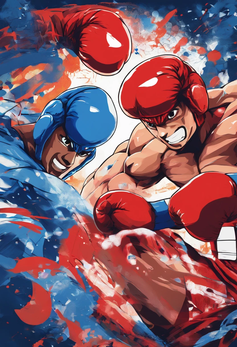 2 boxers trading blows,red vs blue, wearing boxing gloves,anime artstyle,hajime no ippo, extremely detailed, fighting game