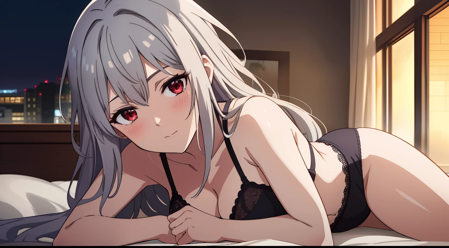 2D, HD, Detailed details, Detailed landscapes, beautiful lights, Beautiful Shadows, top-quality, Highly detailed, masterpiece, best quality, highres, 1girl, solo, skadi, no hat, gray hair, red eyes, large breast, long hair, blush, closed mouth, looking at viewer, anime, full body, highly detailed eyes, arms behind back, highly detailed face, anime styled, on bed, sleep, underwear, black bra, panty, night time, bedroom