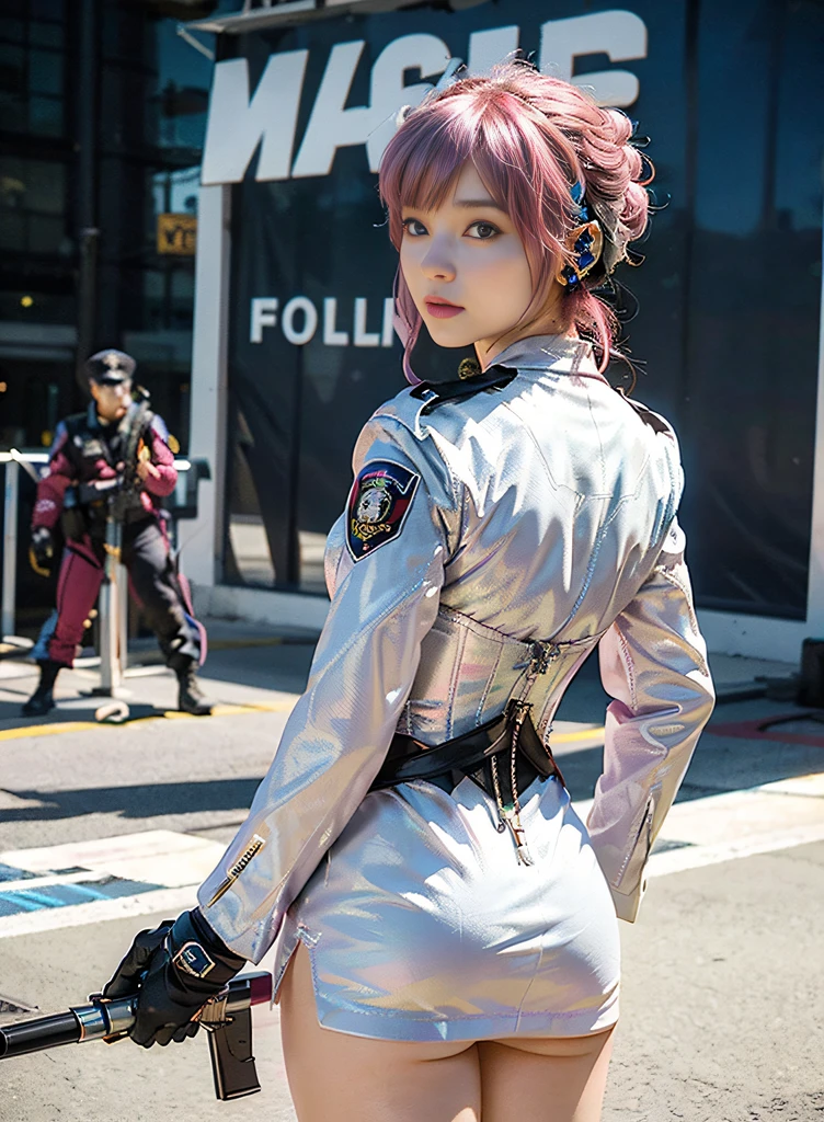 (Top Quality, Ultra High Definition, Photorealistic: 1.4), (cowboy shot:1), 1 Beautiful Girl, (Kpop Idol), Detailed Face, (Hair Style gradation:Pink:0.6Silver:0.4, fullbang, shortbob-style:1), Contrapposto, Perfect Anatomy, Smooth Skin, Professional Lighting, ((wearing Futuristic Police Racing Suits, low-mini-skirt, police wappen, High-tech Headset, military gun-corset, racing gloves, holding handguns with both hands)), (Cloths colors based on pink silver white black), (background, backstrage),