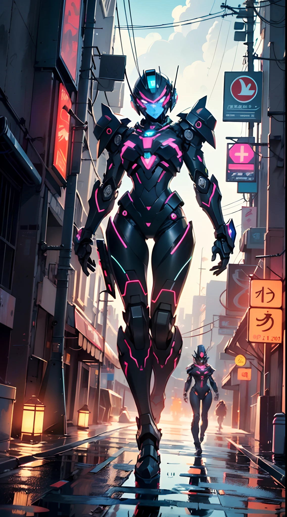 holding weapons, (no humans:1.3), glowing, (female mech: 1.3), female_mech,female robot, (flying: 1.3), glowing eyes, black mecha, science fiction, long legs, reality, mecha,
(dynamic pose:1.0),solo focus,embarrassed,(centered,scale to fit dimensions,Rule of thirds),
cyberpunk city by the ocean at night, with bright neon signs and dark stormy clouds and puddles, scenery:1.25,
artistic photography,(photography taken by sldr),highres, sharp focus, (ultra detailed, extremely detailed), (photorealistic artwork:1.37),(extremely detailed CG unity 8k wallpaper),((synthwave background theme)),(((vibrant colors))),(intricate background),(masterpiece),(best quality)