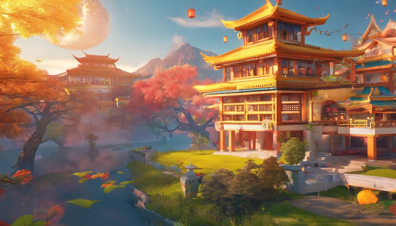 arte oficial, Unity 8k papel de parede, ultra detalhado, Beautiful and Aesthetic, master part, best quality, (fire, water, fita, papel recortado), (Arte Fractal:1.3) 1 cinta,Building, (sozinho:1.5), Chinese_Clothes, heaven, ao ar livre, largo_Mangas, preto_Hair, Sunset, (Caindo_Folhas:1.2), lanterna, (papel_lanterna:1.5),blue skies, (ao ar livre:1.5),Hanfu, (rainbow-candy:0.8), (estilo-swirlmagic:0.8),