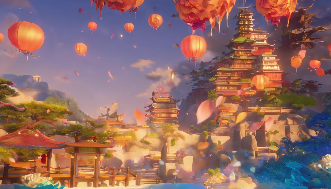 arte oficial, Unity 8k papel de parede, ultra detalhado, Beautiful and Aesthetic, master part, best quality, (fire, water, fita, papel recortado), (Arte Fractal:1.3) 1 cinta,Building, (sozinho:1.5), Chinese_Clothes, heaven, ao ar livre, largo_Mangas, preto_Hair, Sunset, (Caindo_Folhas:1.2), lanterna, (papel_lanterna:1.5),blue skies, (ao ar livre:1.5),Hanfu, (rainbow-candy:0.8), (estilo-swirlmagic:0.8),