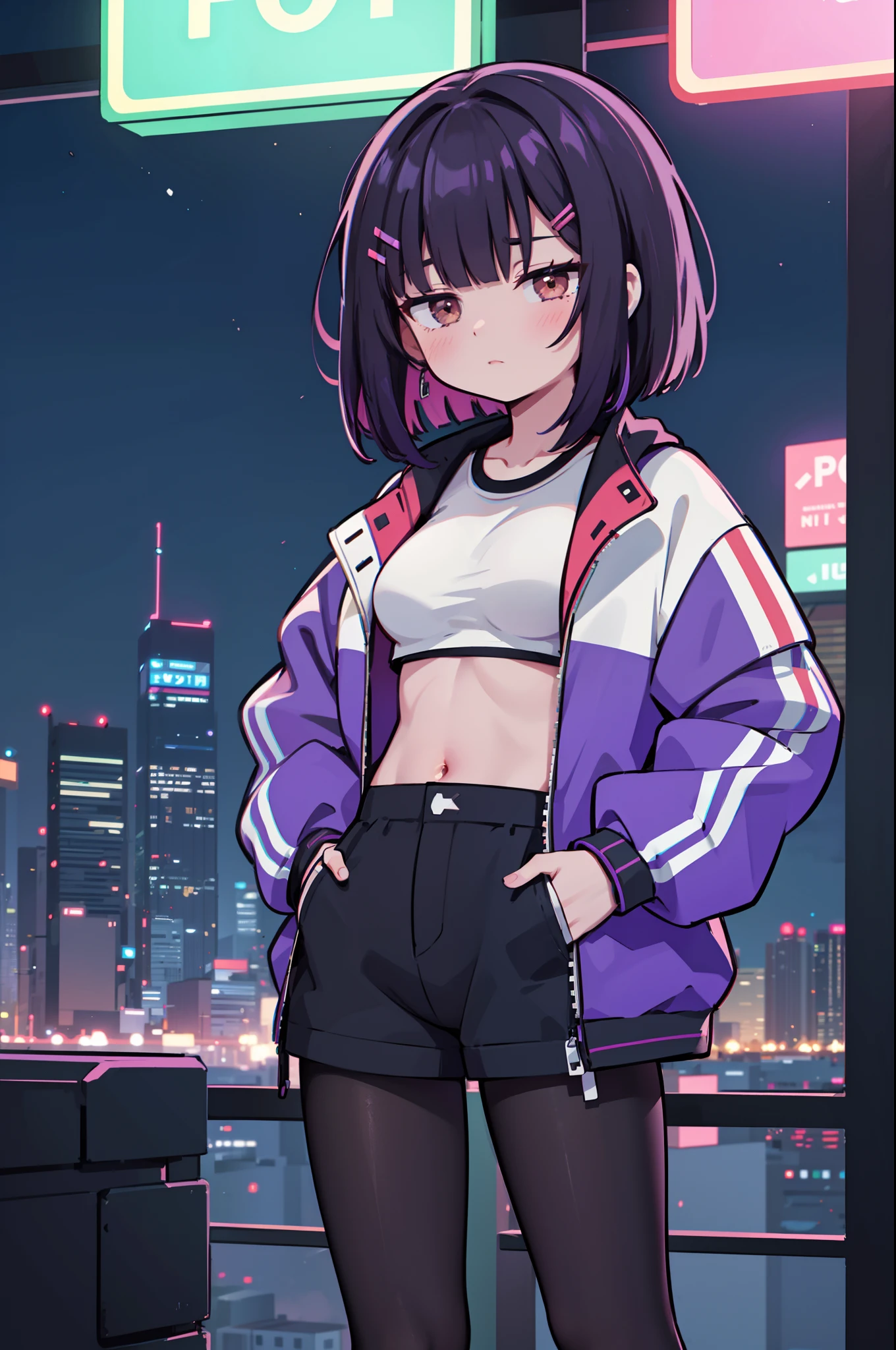 1girl, solo, teen girl, (black hair), (colored inner hair, purple hair), straight hair, bob cut, short hair, assymmetrical sidelocks, bang pinned back, hairclip, brown eyes, calm behaviour, inexpressive, medium breasts, sportswear, sport top, shorts, (pantyhose:1.1), jacket, big jacket, thighs, abs, (hands on pockets), night city, cyberpuk, colorful, beautiful, ((neon lights)), masterpiece, best quality, 4k