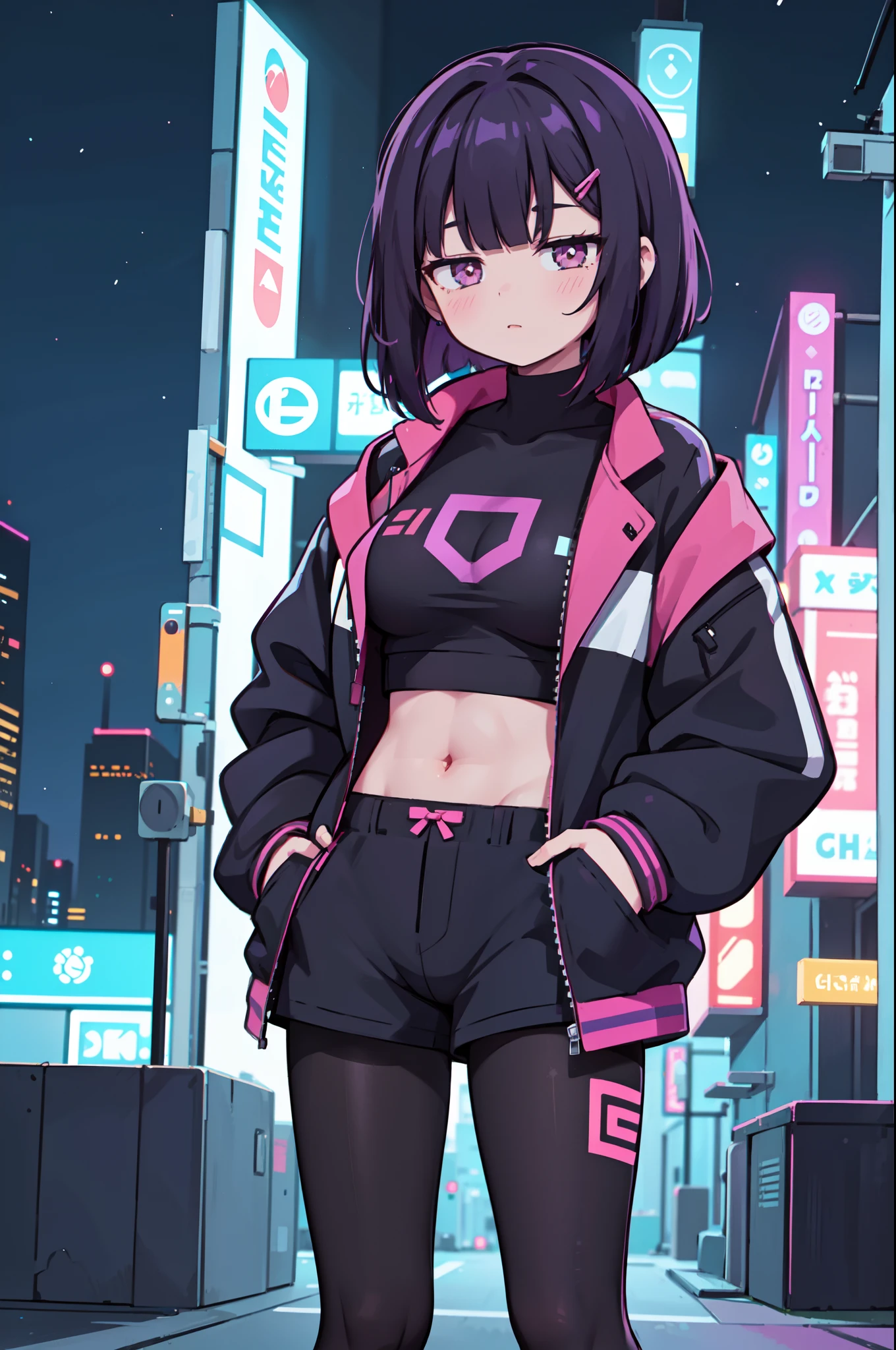 1girl, solo, teen girl, (black hair), (colored inner hair, purple hair), straight hair, bob cut, short hair, assymmetrical sidelocks, bang pinned back, hairclip, brown eyes, calm behaviour, inexpressive, medium breasts, sportswear, sport top, shorts, (pantyhose:1.1), jacket, big jacket, thighs, abs, (hands on pockets), night city, cyberpuk, colorful, beautiful, ((neon lights)), masterpiece, best quality, 4k