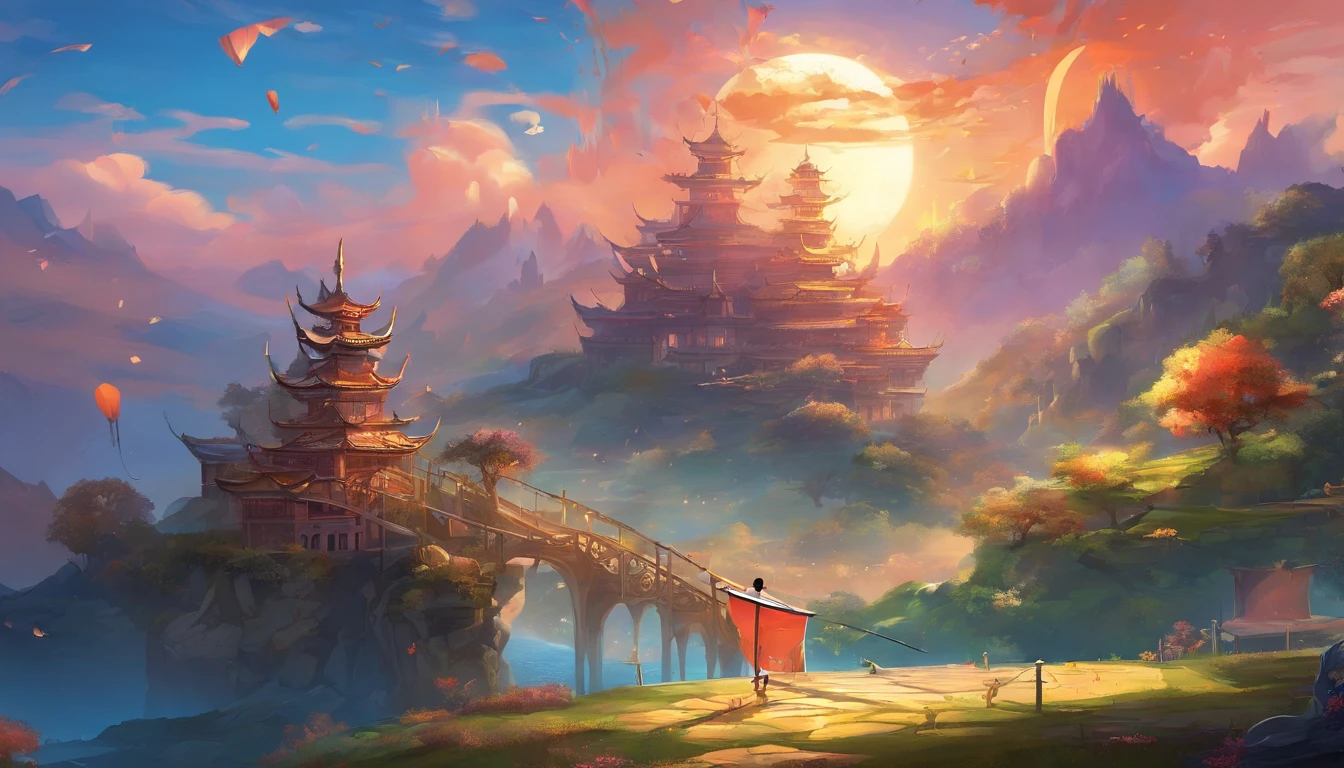 arte oficial, Unity 8k papel de parede, ultra detalhado, Beautiful and Aesthetic, master part, melhor qualidade, (fire, water, fita, papel recortado), (Arte Fractal:1.3) 1 cinta,Building, (sozinho:1.5), Chinese_Clothes, heaven, ao ar livre, largo_Mangas, preto_Hair, Sunset, (Caindo_Folhas:1.2), lanterna, (papel_lanterna:1.5),blue skies, (ao ar livre:1.5),Hanfu, (rainbow-candy:0.8), (estilo-swirlmagic:0.8),