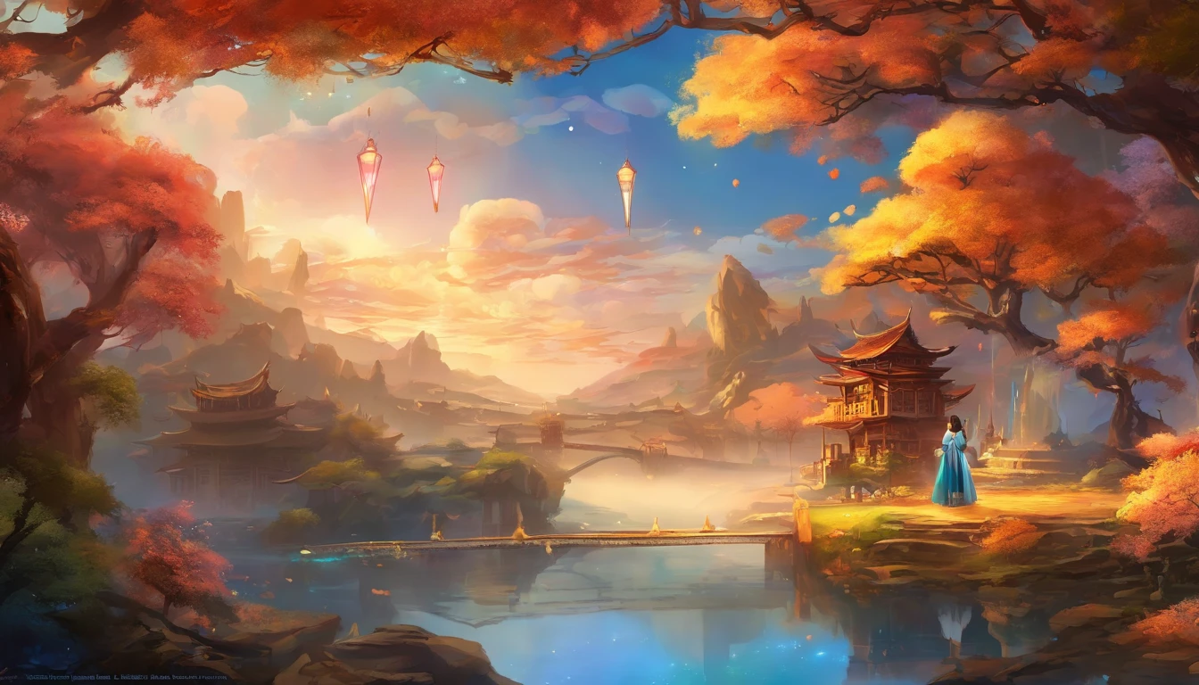 arte oficial, Unity 8k papel de parede, ultra detalhado, Beautiful and Aesthetic, master part, melhor qualidade, (fire, water, fita, papel recortado), (Arte Fractal:1.3) 1 cinta,Building, (sozinho:1.5), Chinese_Clothes, heaven, ao ar livre, largo_Mangas, preto_Hair, Sunset, (Caindo_Folhas:1.2), lanterna, (papel_lanterna:1.5),blue skies, (ao ar livre:1.5),Hanfu, (rainbow-candy:0.8), (estilo-swirlmagic:0.8),