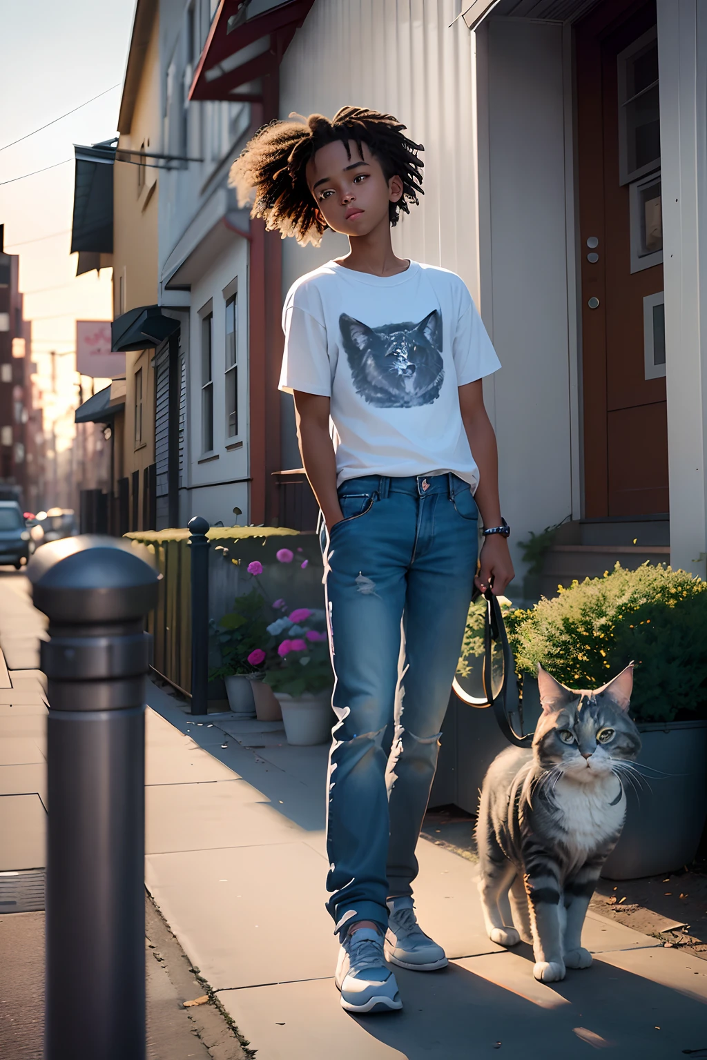 a grey Maine Coon cat walking on top of a white picket fence, boy and cat have perfect faces eyes nose and mouth, medium shot, parallel to camera, small boy in blue jeans and tennis shoes and brown hair balancing on the fence behind cat, imitating cat, gritty city, dirty city, old school city dump in the back ground, illustration art style,24k resolution, photorealistic, hyperdetailed