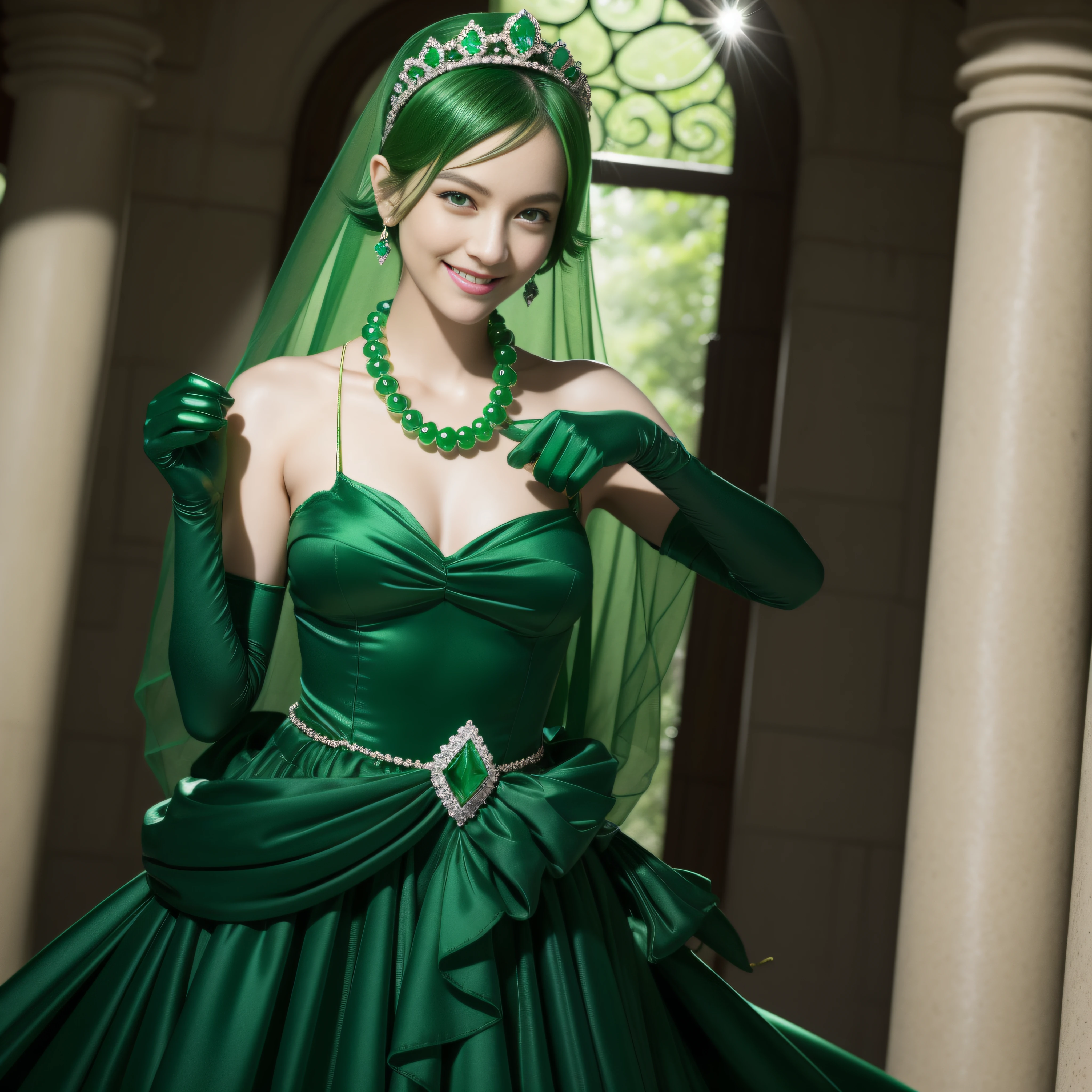 emerald tiara, Green Pearl Necklace, Boyish very short green hair, lipsticks, Japan woman smiling, very short short hair, big breasts beautiful, Green eyes, Long green gloves made of satin material, Green eyes, Emerald Earrings, Green dress