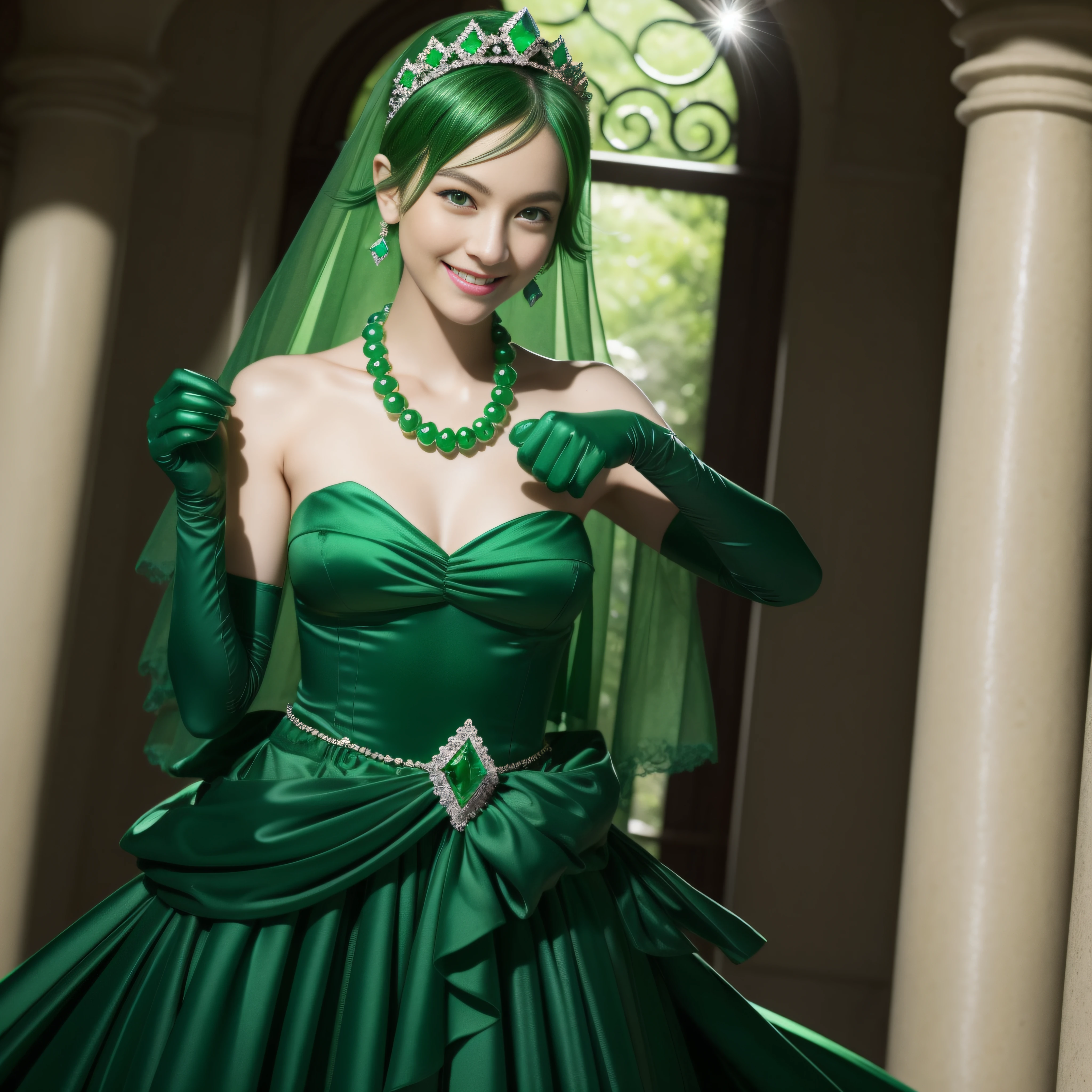 emerald tiara, Green Pearl Necklace, Boyish very short green hair, lipsticks, Japan woman smiling, very short short hair, big breasts beautiful, Green eyes, Long green gloves made of satin material, Green eyes, Emerald Earrings, Green dress