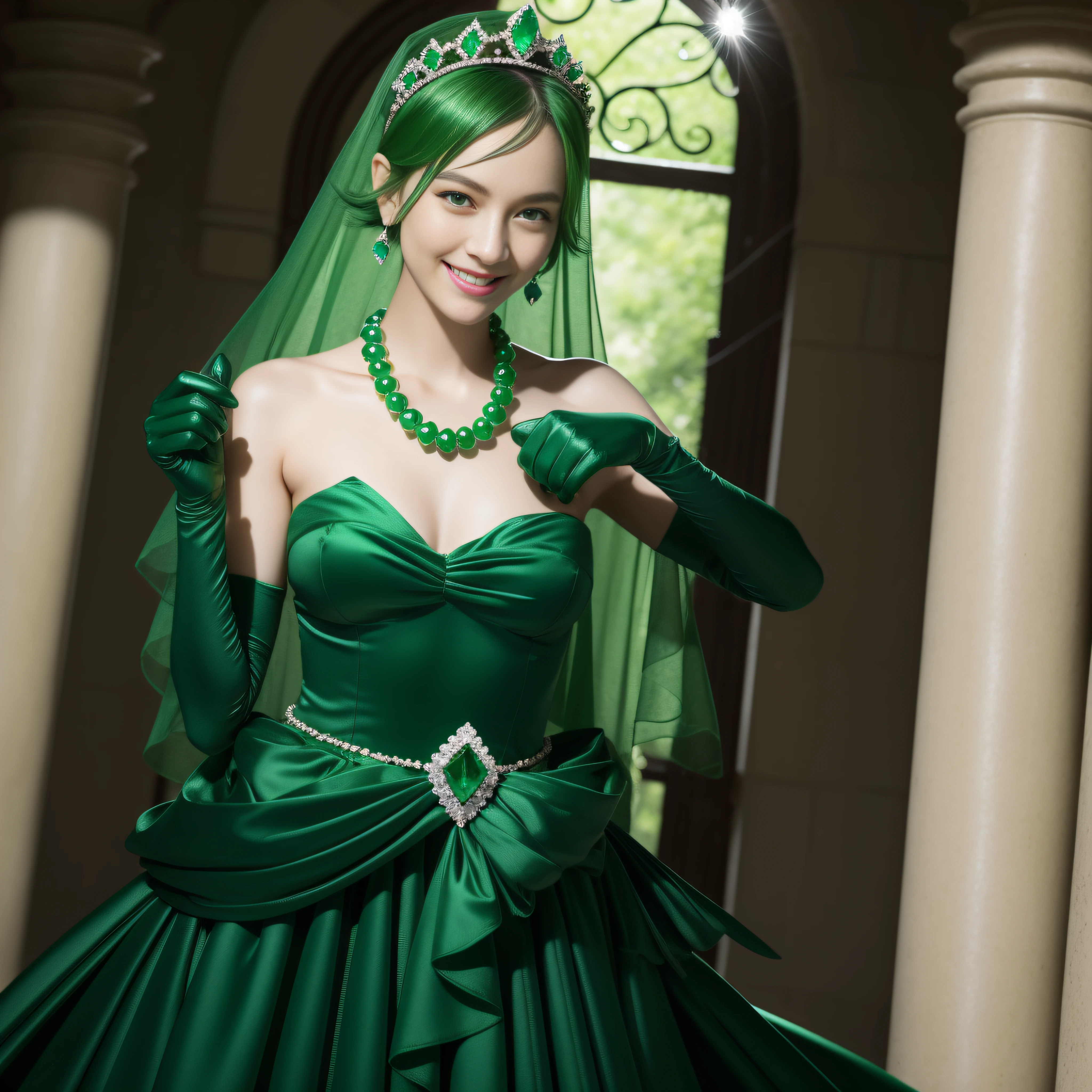 emerald tiara, Green Pearl Necklace, Boyish very short green hair, lipsticks, Japan woman smiling, very short short hair, fist, big breasts beautiful, Green eyes, Long green gloves made of satin material, Green eyes, Emerald Earrings