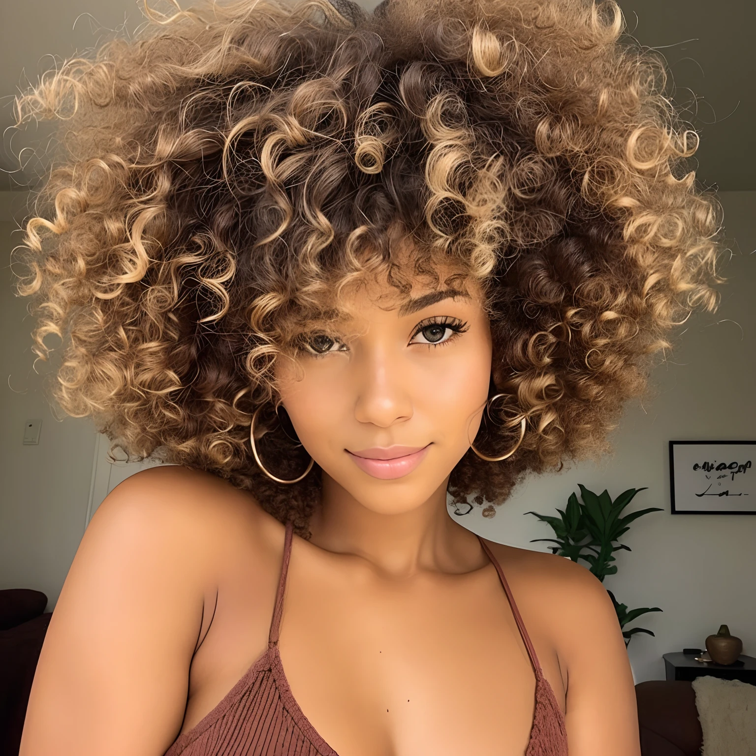 a woman with a curly afro is posing for a picture, curly afro, short blonde afro, curly bangs, short curly blonde haired girl, with textured hair and skin, curly blonde hair | d & d, with afro, curly copper colored hair, curly blond, curly haired, afro hair, short golden curls, curly middle part haircut, blonde curly hair, brown curly hair
