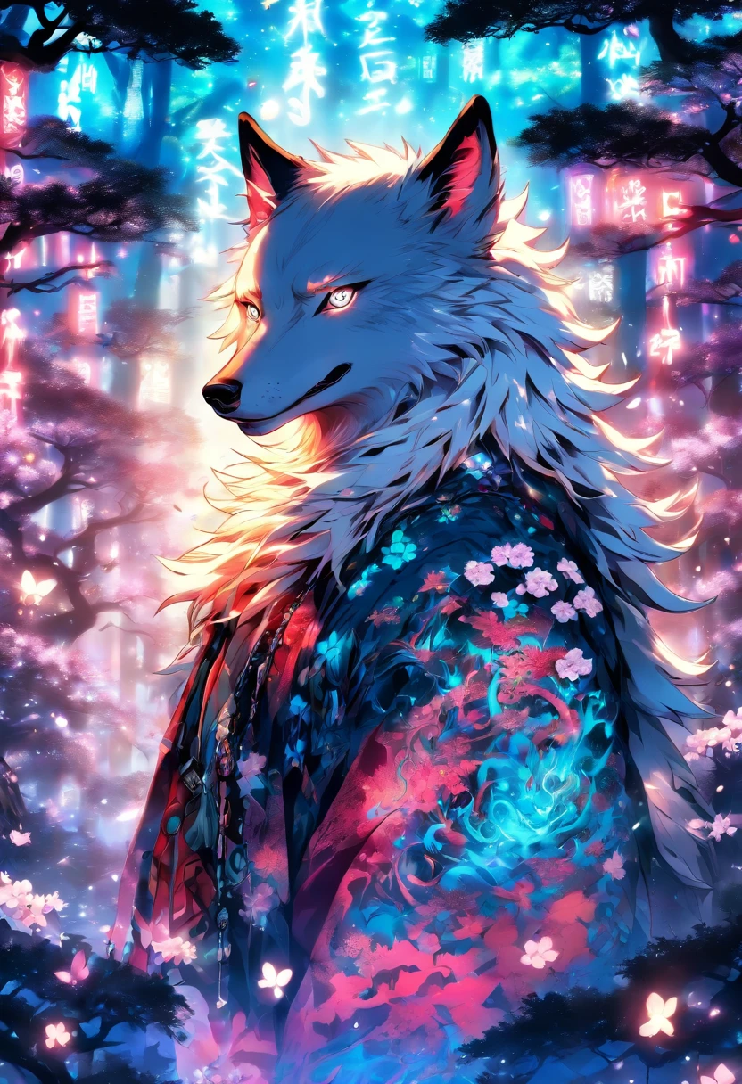 An enchanted wolf spirit, white hair, bright glowing blue eyes, tons of tattoos and piercings, in the most beautiful enchanted forest, graffiti and kanji elements in the background, cherry blossoms blowing in the wind, highly detailed background, incredibly perfect masterpiece, high quality, high resolution