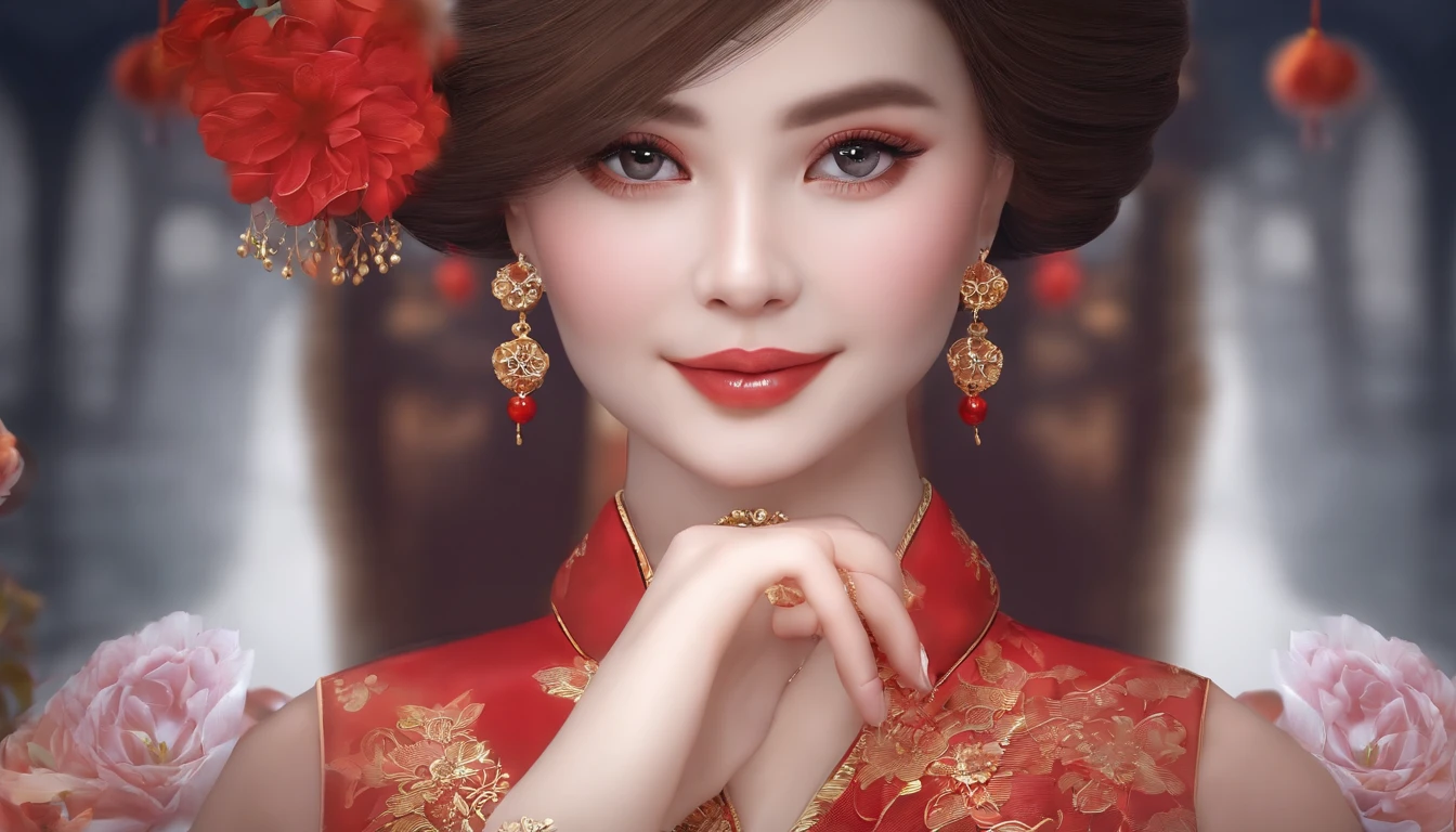 corpo inteiroesbian,Linhas corporais sedutoras,4k,Fundo da flor de ameixa do dia da neve,cabelos morenos,Put your hands on your chest,Em Cheongsam,Olhos de gancho,