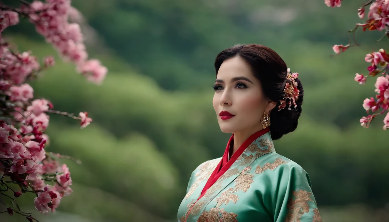 corpo inteiroesbian,Linhas corporais sedutoras,4k,Fundo da flor de ameixa do dia da neve,cabelos morenos,Put your hands on your chest,Em Cheongsam,Olhos de gancho,