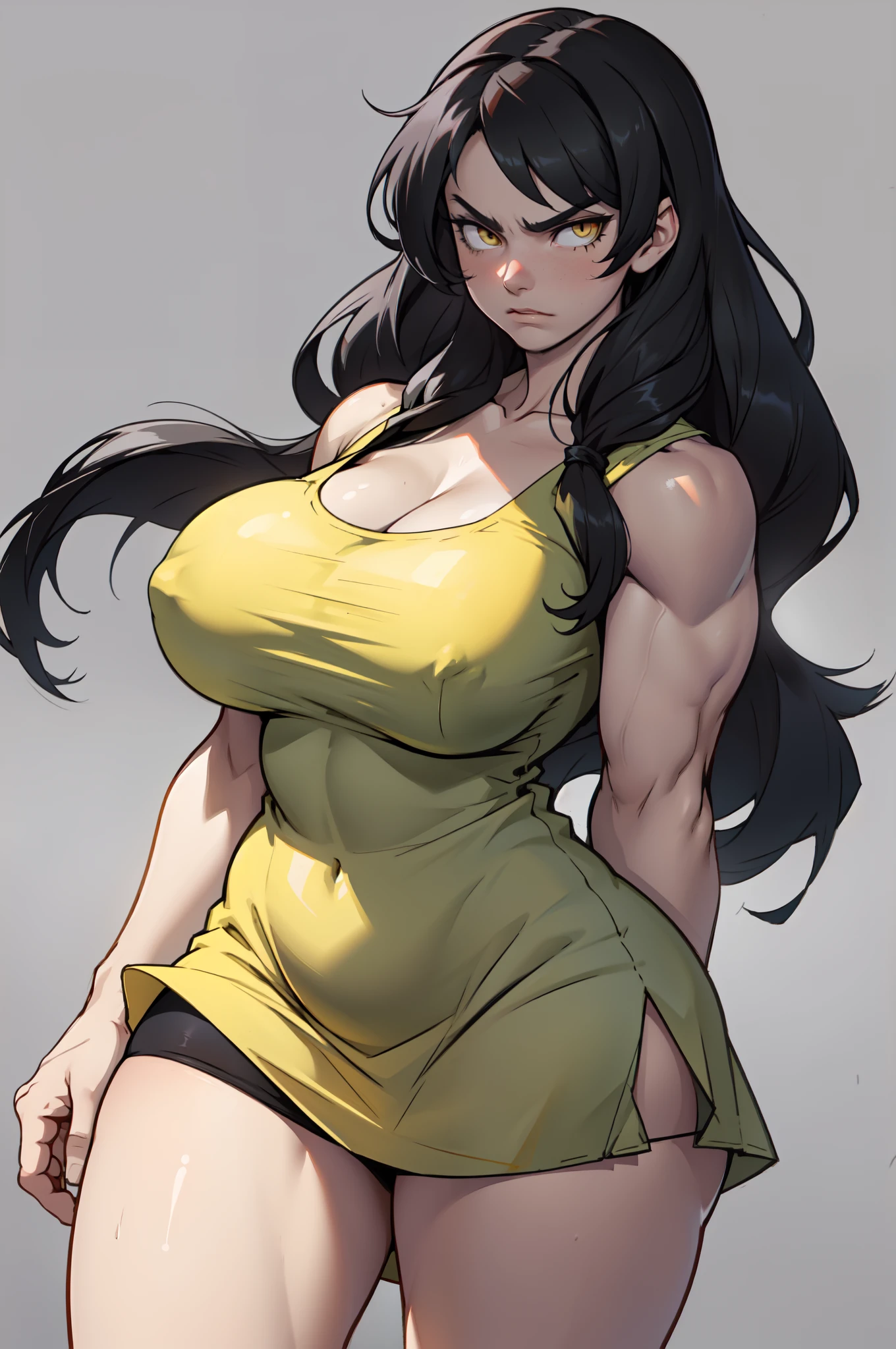 ((((muscular 1 girl)))) (thick thighs huge breasts grey background) very long hair black hair angry yellow eyes pale skin cowboy shot sundress solo