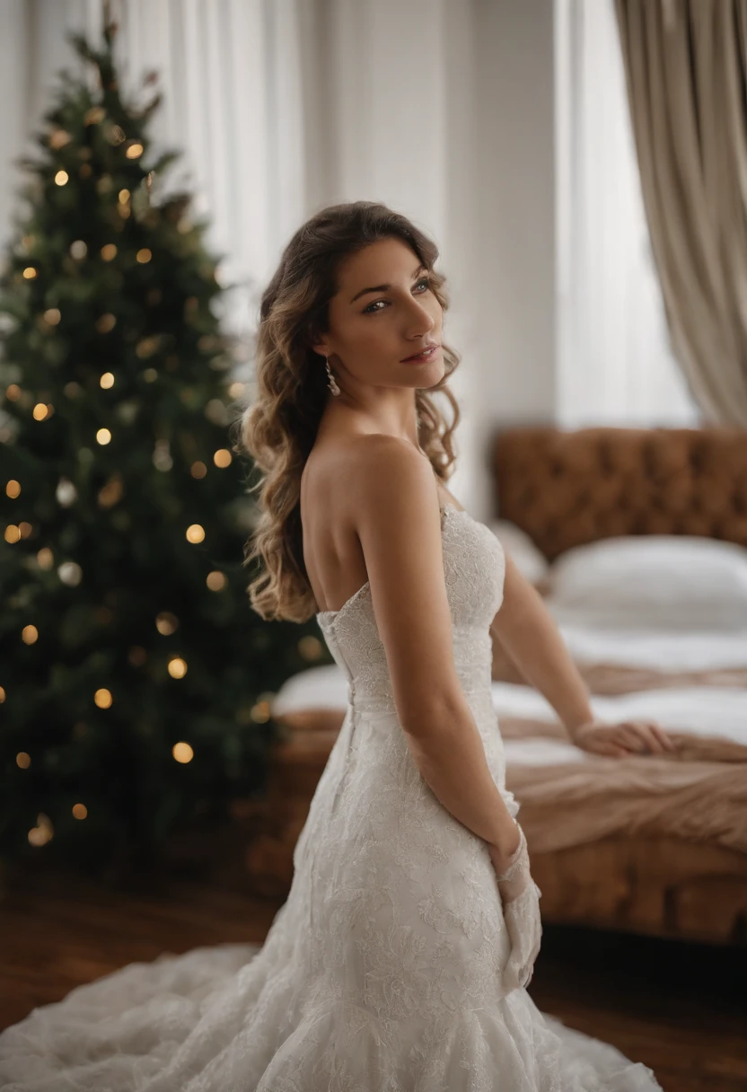 Best quality, Masterpiece, 1fille, seulement, Bac, cheveux longs, BacBase, cuisses, bare shoulders, joaillerie, sans manches, Robe blanche, Jupe bleue, Gants, bedroom, lit, Parquet, assis, assis sur le lit, mains sur les jambes, Sourire subtil, softlighting, corps entier, hanches larges, seins moyens