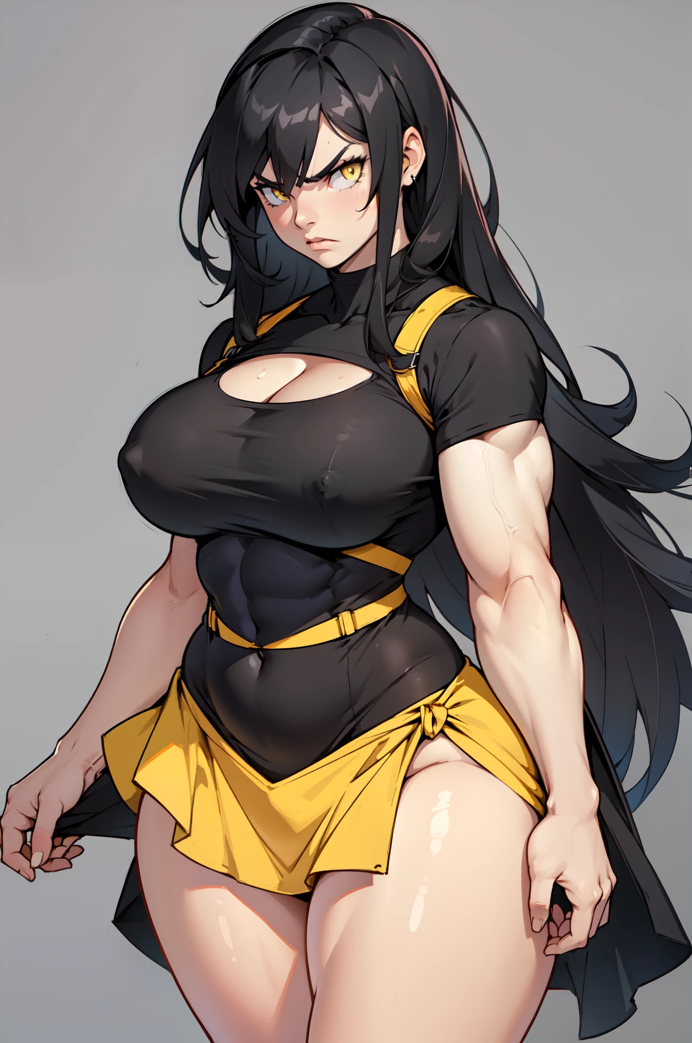 ((((muscular 1 girl)))) (thick thighs huge breasts grey background curvy wide hips) very long hair black hair angry yellow eyes pale skin cowboy shot sundress solo