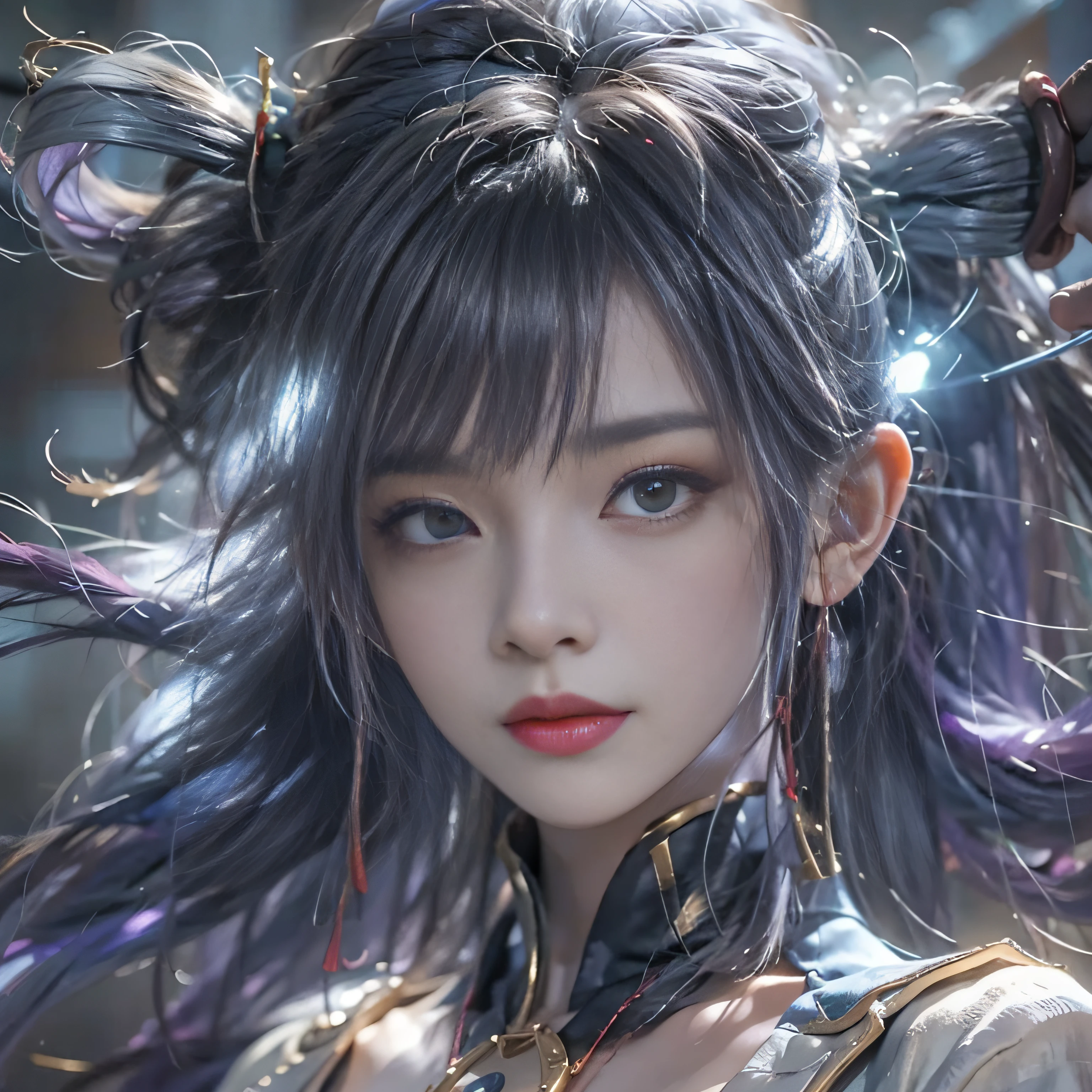 masterpiece、best qualtiy、the detail、depth of fields、Ultra-realistic and realistic face and eyes、realistic skin textures、电影灯光、Gaze on the audience。1 girl in、独奏、(frowned、Mouth closed)、Ketin_\(Genshin_impactful\)、Purple_Eyes、purple color hair、both sides、sharp eye、serious faces、gloves、Black stockings、outside of house、purple lightning、Fileg、Lightning shining sword、purple lightning、The upper part of the body、Colossal tits