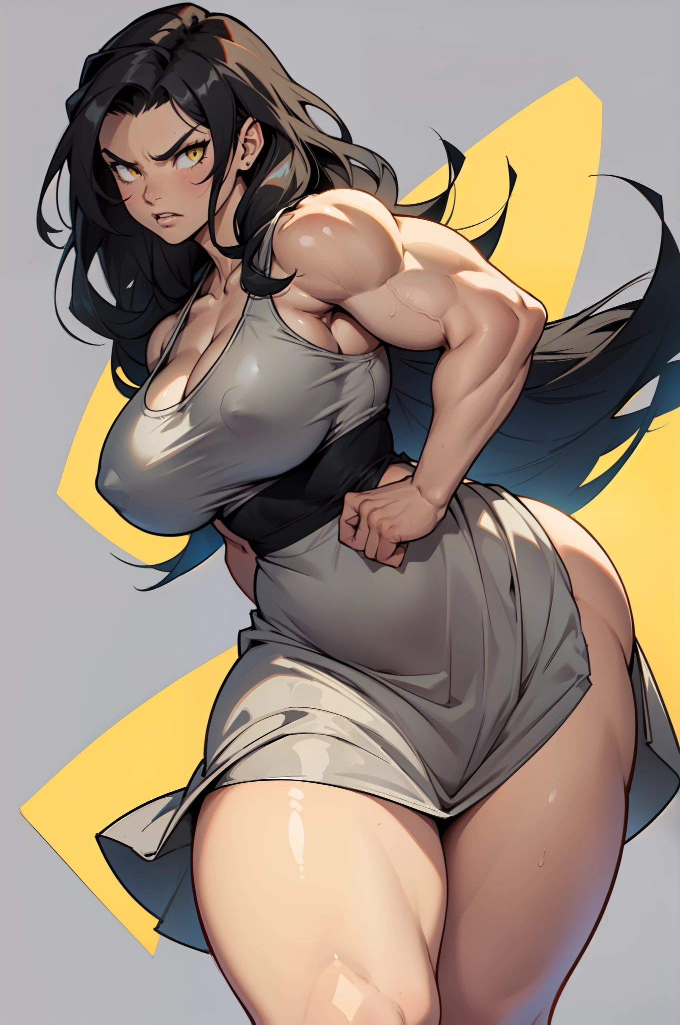 ((((muscular 1 girl)))) (thick thighs huge grey background curvy wide hips) very long hair black hair angry yellow eyes pale skin cowboy shot sundress solo