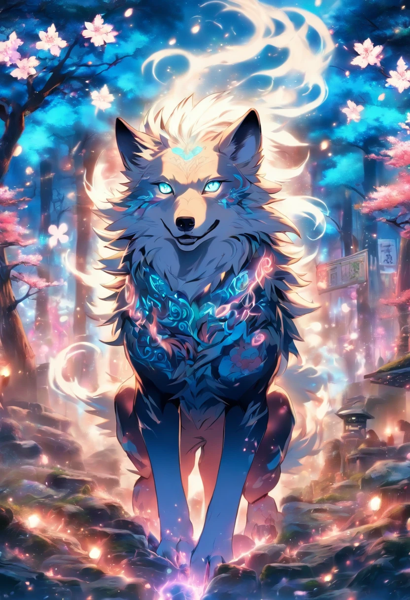 An enchanted wolf spirit, white hair, bright glowing blue eyes, tons of tattoos and piercings, in the most beautiful enchanted forest, graffiti and kanji elements in the background, cherry blossoms blowing in the wind, highly detailed background, incredibly perfect masterpiece, high quality, high resolution