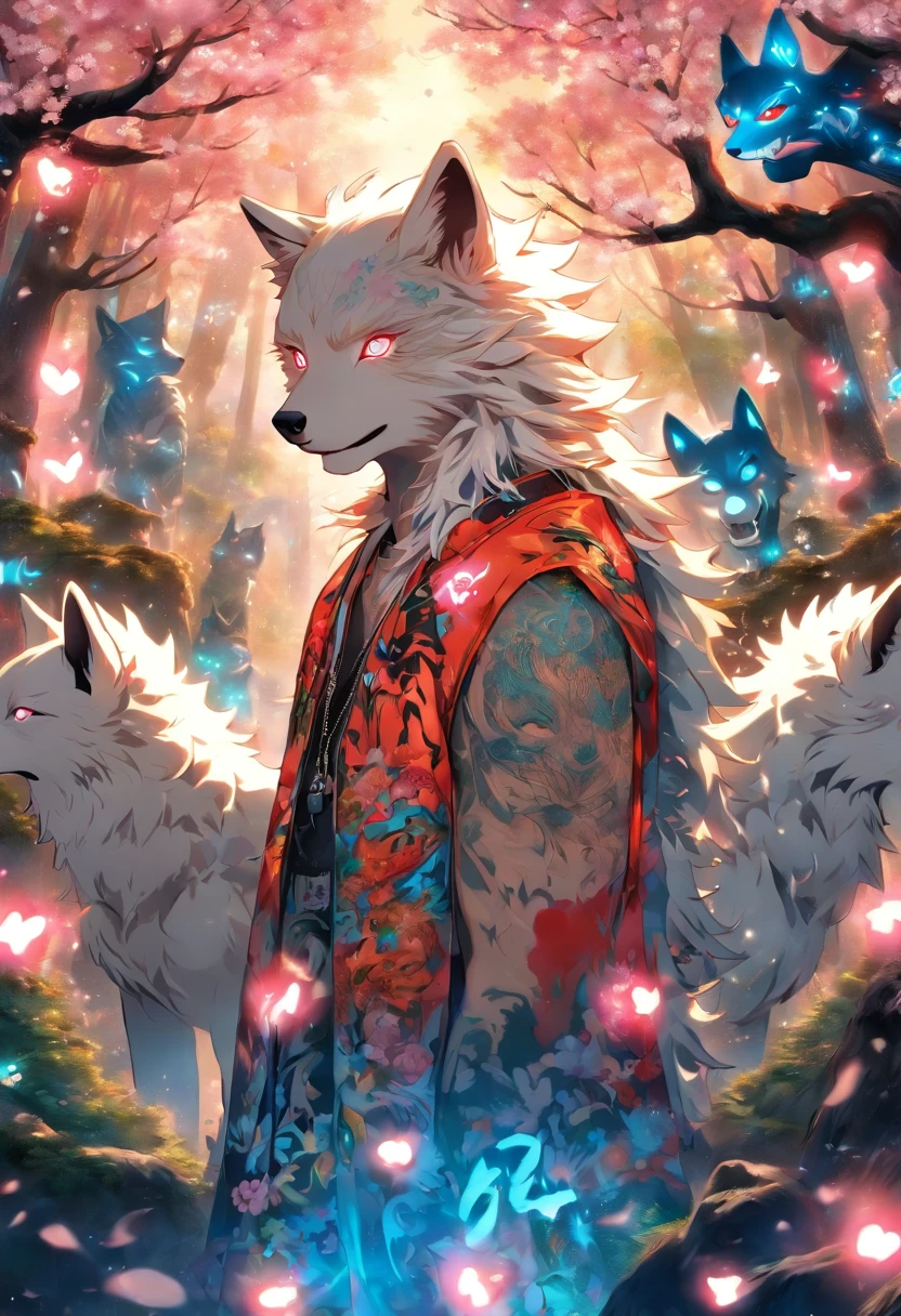 An enchanted wolf spirit, white hair, bright glowing blue eyes, tons of tattoos and piercings, in the most beautiful enchanted forest, graffiti and kanji elements in the background, cherry blossoms blowing in the wind, highly detailed background, incredibly perfect masterpiece, high quality, high resolution