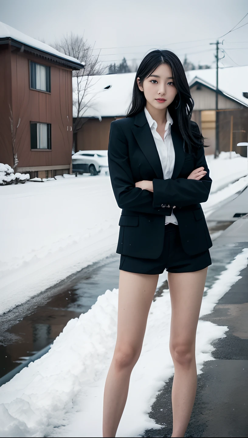 A Japanese Lady、beauitful face、二重まぶた、Big eyes、Long Black Hair、black suits、Black Micro Shorts、beauty legs、Raw feet、long legged、tall、arms in arms、model poses、Oyuki、snow blowing、snow cover