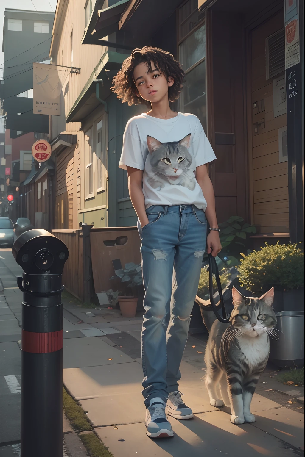 a grey Maine Coon cat walking on top of a white picket fence, boy and cat have perfect faces eyes nose and mouth, medium shot, parallel to camera, small boy in blue jeans and tennis shoes and brown hair balancing on the fence behind cat, imitating cat, gritty city, dirty city, old school city dump in the back ground, illustration art style,24k resolution, photorealistic, hyperdetailed