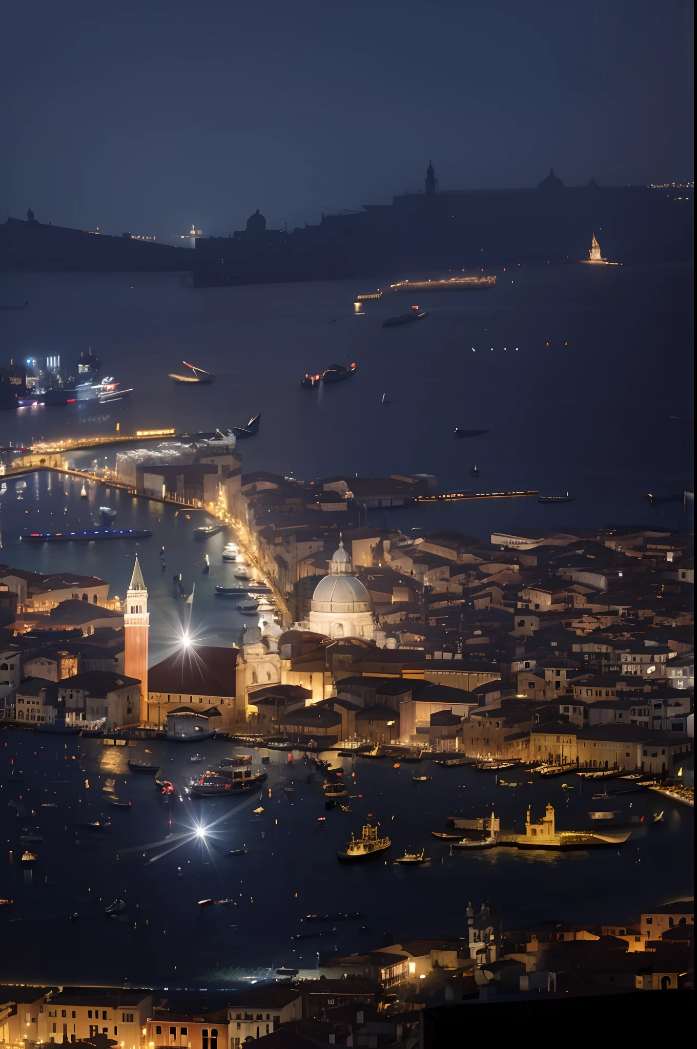 a very detailed aerial photography of Venice at night, sea, canals, iperrealistic, straight horizon