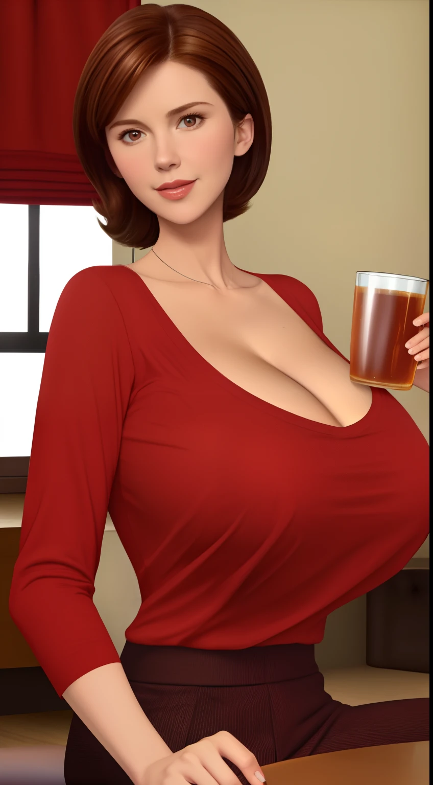 helen parr, masterpiece, best quality, 1girl, brown hair, solo, food, breasts, sitting, blush, brown eyes, cup, pants, looking at viewer, large breasts, window, indoors, shirt, drinking glass, bangs, holding, long sleeves, table, chair, curtains, fruit, short hair, cheese, artist name, dated, night, mature female, collarbone, red shirt, drunk, alcohol, holding cup, bottle, Best quality, 8k, Masterpiece, realistic, photorealistic, (gigantic breasts:1.2)