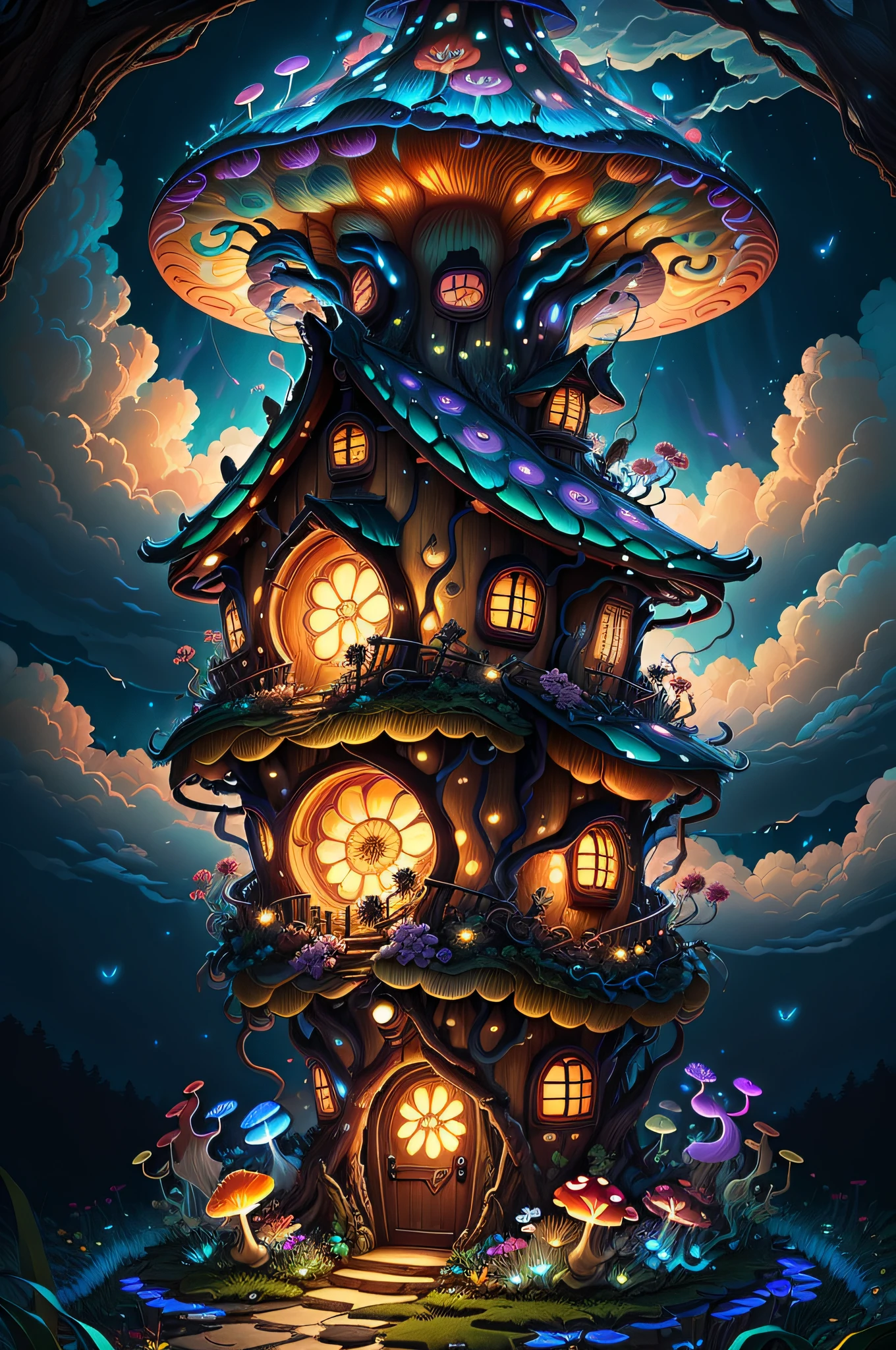 (Swirling clouds and colorful flowers), (forest fireflies fantasy korean mushroom house), (midnight), (Irregular), (mysterious), (ridiculous), dreamy, disney, t shirt design, vector,