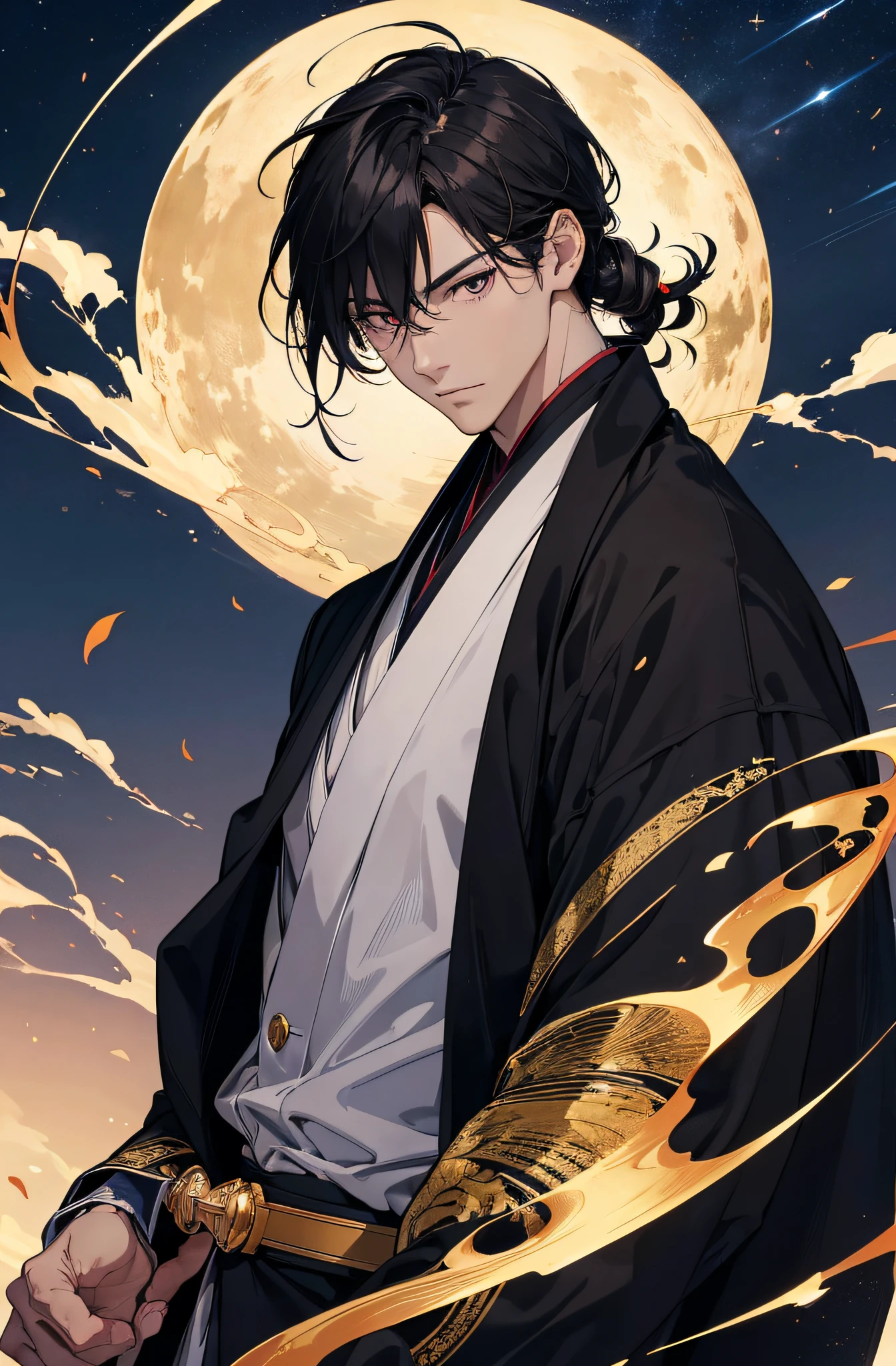 (Meisterwerk), best quality, ultra-high resolution, ((Ein Mann)), masculine, elegant, japanischer Gott, Tsukuyomi, ausdrucksstarke Augen, Perfektes Gesicht, half body, Blick auf den Betrachter, dutch angle, Cowboy erschossen, (langes schwarzes Haar), (Goldene Augenfarbe), stattlich, night time, Mondsichel, Japanische Kleidung, schwarz-blauer Kimono, cherry blossoms, Dynamisches Licht, Beautiful colors, Milky Way, FESTPLATTE