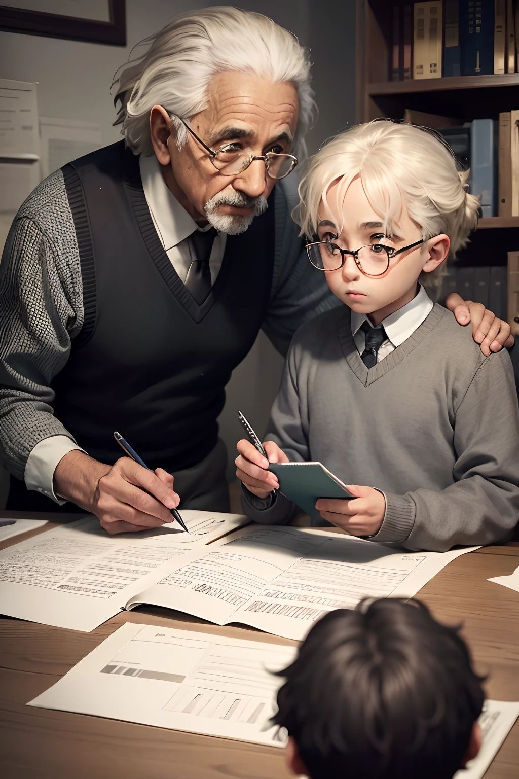 Albert Einstein in gray sweater and black pants sitting at a table teaching a boy sitting next to him, Albert Einstein teaching a boy to do calculations, garoto sentado na mesa ao lado de Albert Einstein, Albert Einstein holding pen pointing to paper calculations, Boy looking intently at the role of calculations, garoto de camisa preta e shorts cinza, Albert Einstein and boy looking intently at the paper calculations on the table, Biblioteca Normal, ultrarrealista |, muito detalhado, alta qualidade, 8k.