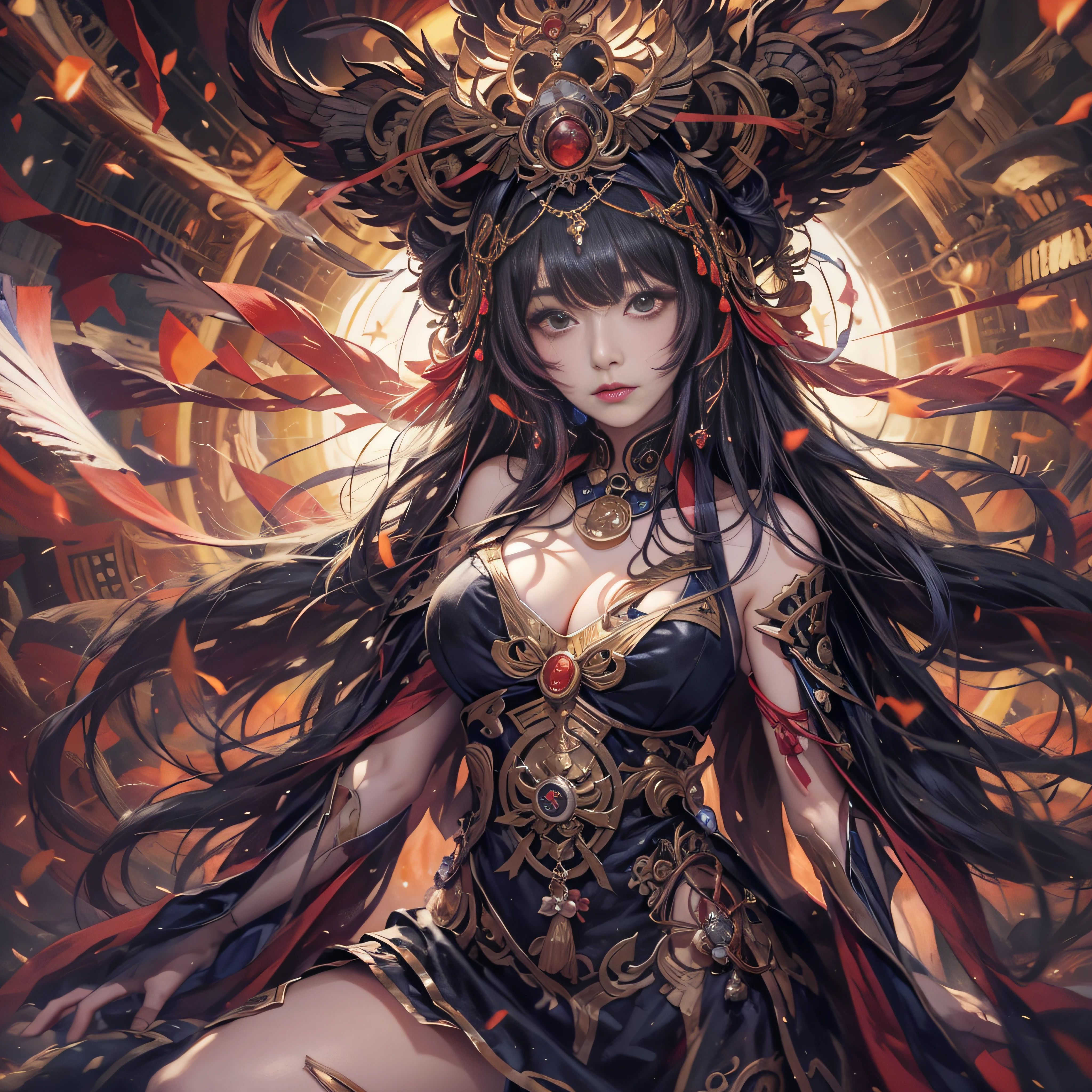 masutepiece, Best Quality,Unity 8k壁纸, ultra-detailliert, Beautiful and aesthetic, Beautiful, Official art, Amaterasu Priestess, SanDisk, Solar Flare Spell, Blessing of the Sun Goddess, ,divine intervention,Colossal tits、full body Esbian、A bell hangs on his chest huge udder High exposure Black costume Black Impulse