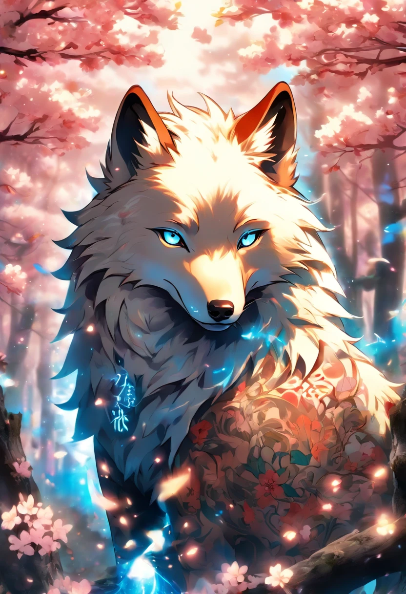 An enchanted wolf spirit, white hair, bright glowing blue eyes, tons of tattoos and piercings, in the most beautiful enchanted forest, graffiti and kanji elements in the background, cherry blossoms blowing in the wind, highly detailed background, incredibly perfect masterpiece, high quality, high resolution