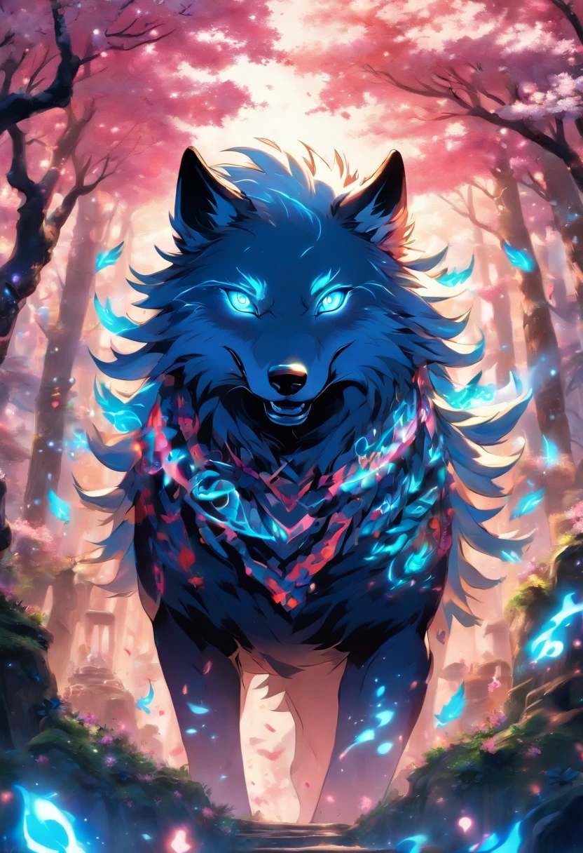 An enchanted wolf spirit, white hair, bright glowing blue eyes, tons of tattoos and piercings, in the most beautiful enchanted forest, graffiti and kanji elements in the background, cherry blossoms blowing in the wind, highly detailed background, incredibly perfect masterpiece, high quality, high resolution