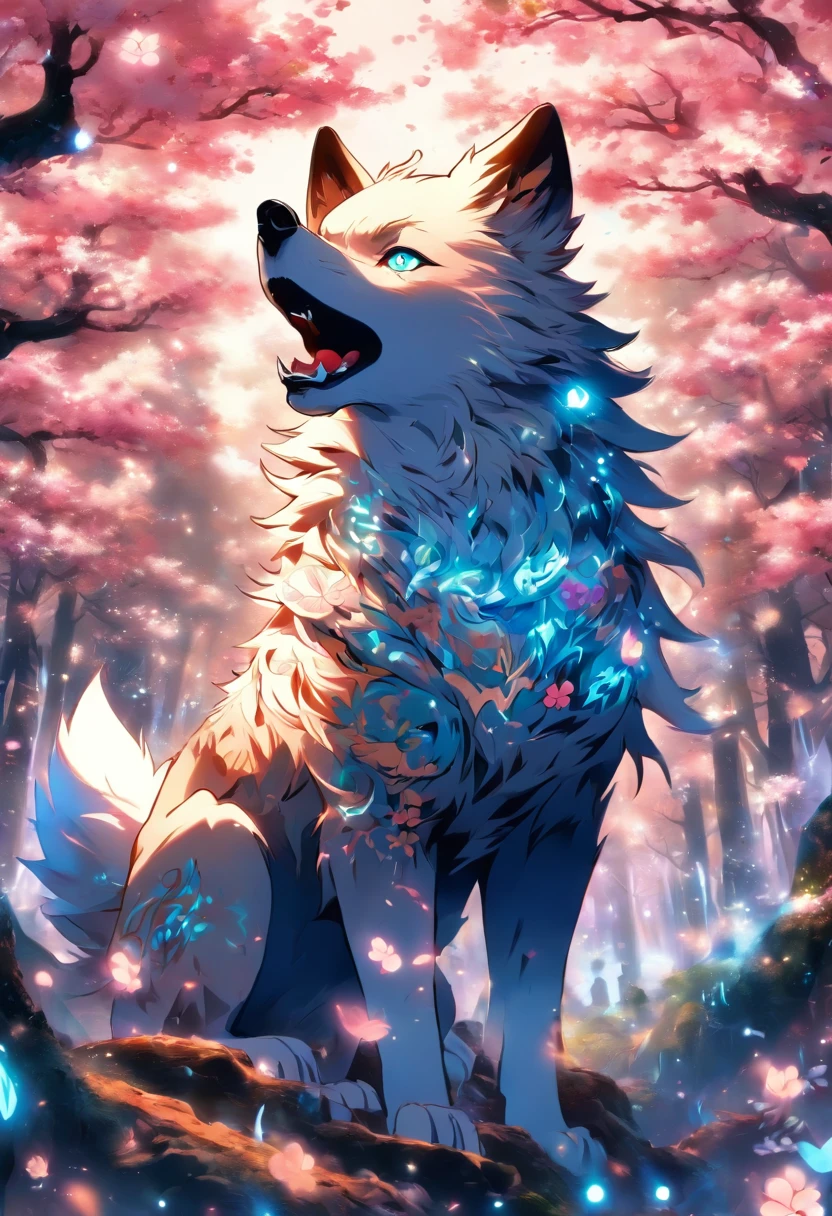 An enchanted wolf spirit, white hair, bright glowing blue eyes, tons of tattoos and piercings, in the most beautiful enchanted forest, graffiti and kanji elements in the background, cherry blossoms blowing in the wind, highly detailed background, incredibly perfect masterpiece, high quality, high resolution