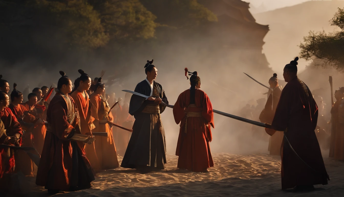 melhor qualidade, master part, ultrahigh-resolution, (fotografia realista:1.4), Surrealismo, Semelhante a um sonho,FusionArt, Deusa AI,Ten thousand swords plunged into the ground,Background Story: Cidade de Chang'an que nunca dorme,Manto Hanfu,Um vislumbre de espanto