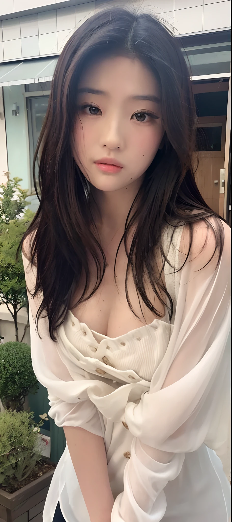 white shirt、black panties、bent down、crying、sad, Tears, medium breasts、very thin body、bikini、yae miko, profile, Marked nipples, bare chest