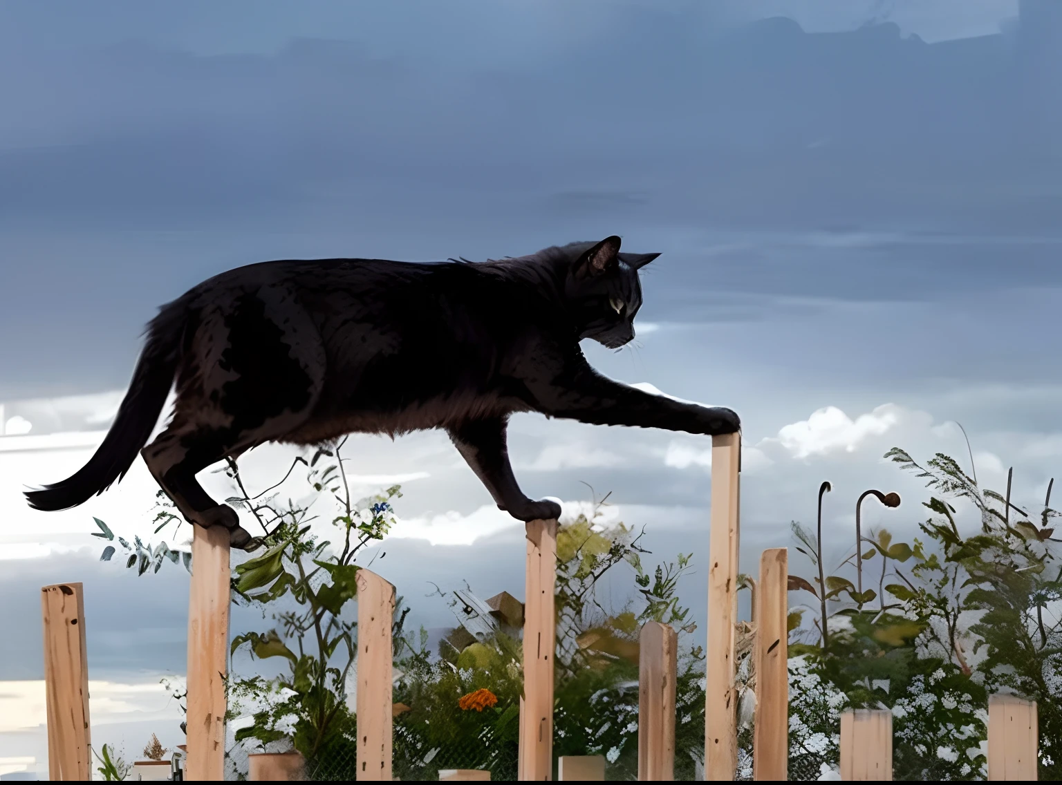 a grey Maine Coon cat walking on top of a white picket fence, small boy in blue jeans and tennis shoes and brown hair balancing on the fence behind cat, imitating cat, gritty city, dirty city, old school city dump in the back ground, illustration art style,24k resolution, photorealistic, hyperdetailed