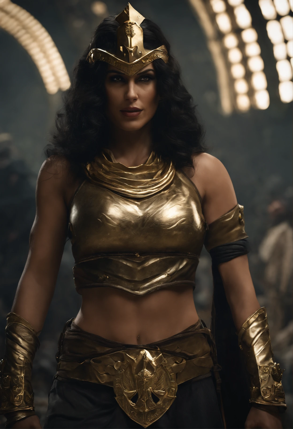 Gere uma imagem da personagem Mara, also known as 'Mara Death Dealer', do jogo Call of Duty: Guerra moderna.  corpo inteiro, fisionomia cruel, micro bikini, detalhes em ouro, na praia, sol poente, palmeiras, corpo escultural, flowing hair, ((metralhadoras, Granadas, gold accessories)),