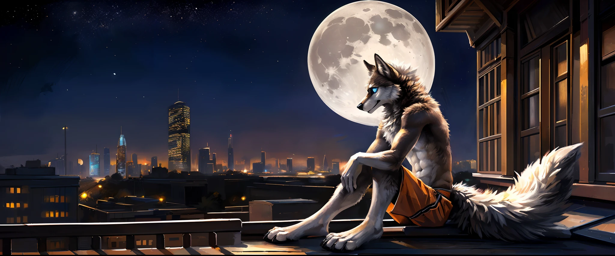 ((Solo)), male people, anthro wolf, (Multi-colored fur, White-brown:1.3, White tail pointed), ((Wolf face, White hair, Big eyes, White eyelids, Blue pupil, Slim:1.2) (Tough, Calm expression:1.2)), Abs, Slim, pinging)), (Correct ), (Work shorts:1.1), The upper body is , (detailed outfits),A big tail，Feet，Long legs，(Realistic fur, Detailed fur texture, labeled:1.3)), (Natural lighting), Photorealistic, Hyperrealistic, ultradetailed, by Kenket，In the modern city，Roof roof，the night，Sit alone，Look at the full moon，It was dark，Starry
